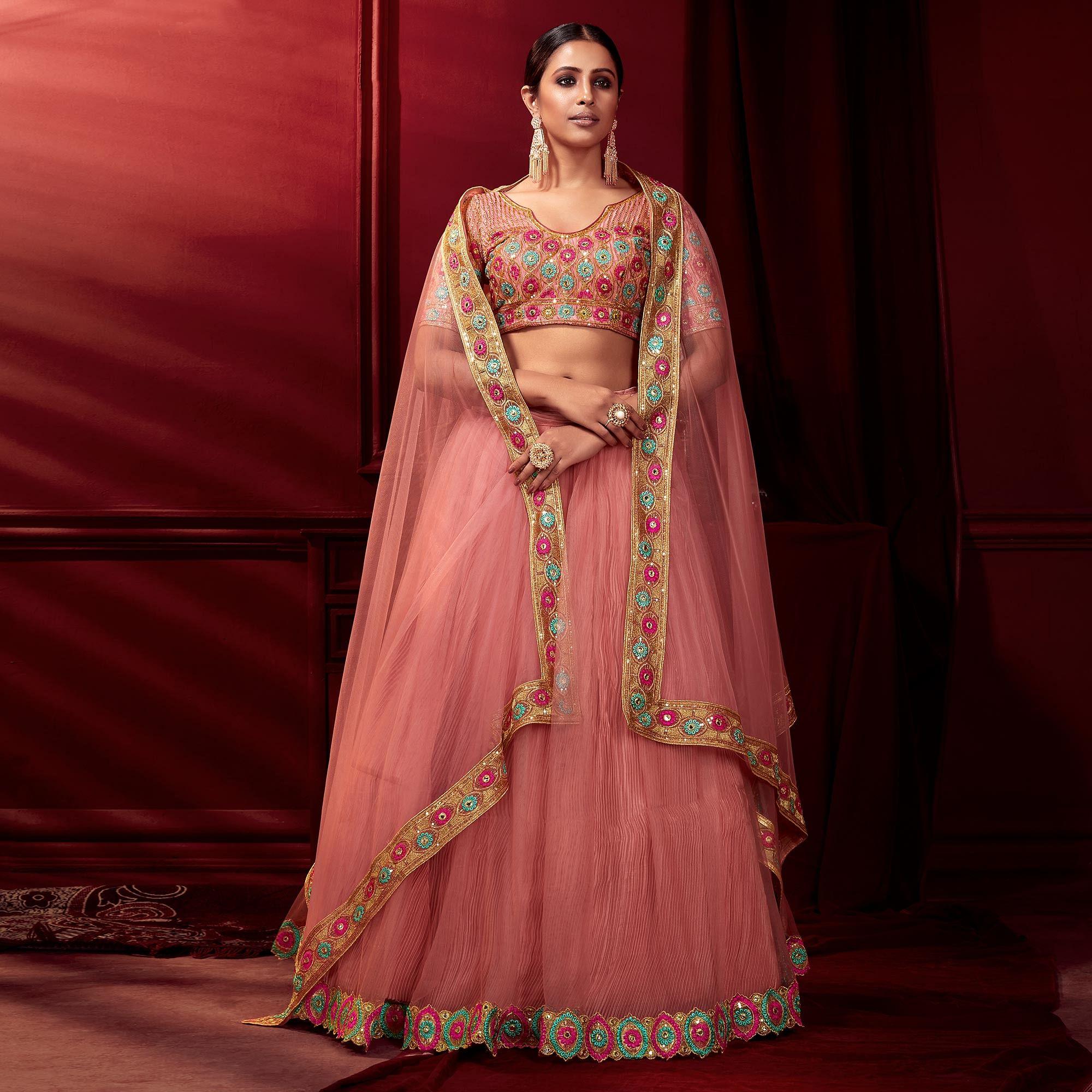 Peach Embellished With Embroidered Net Lehenga Choli - Peachmode