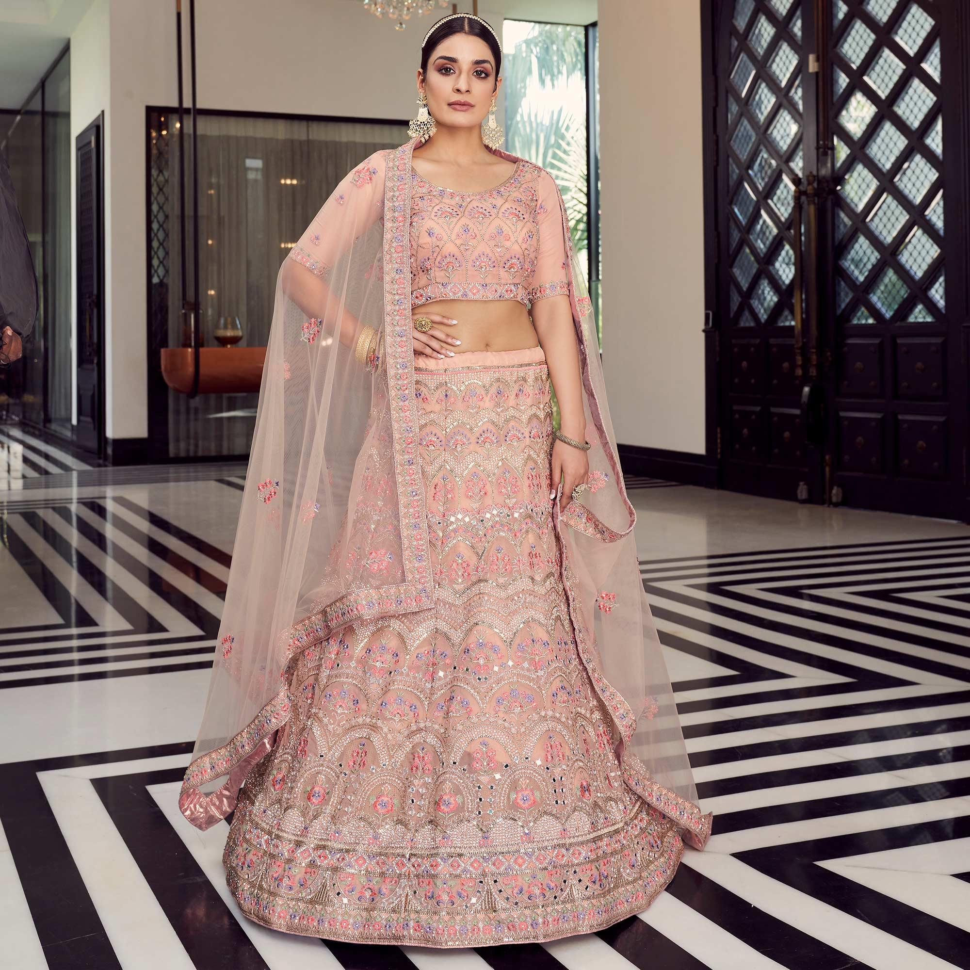 Peach Embellished With Embroidered Organza Lehenga Choli - Peachmode