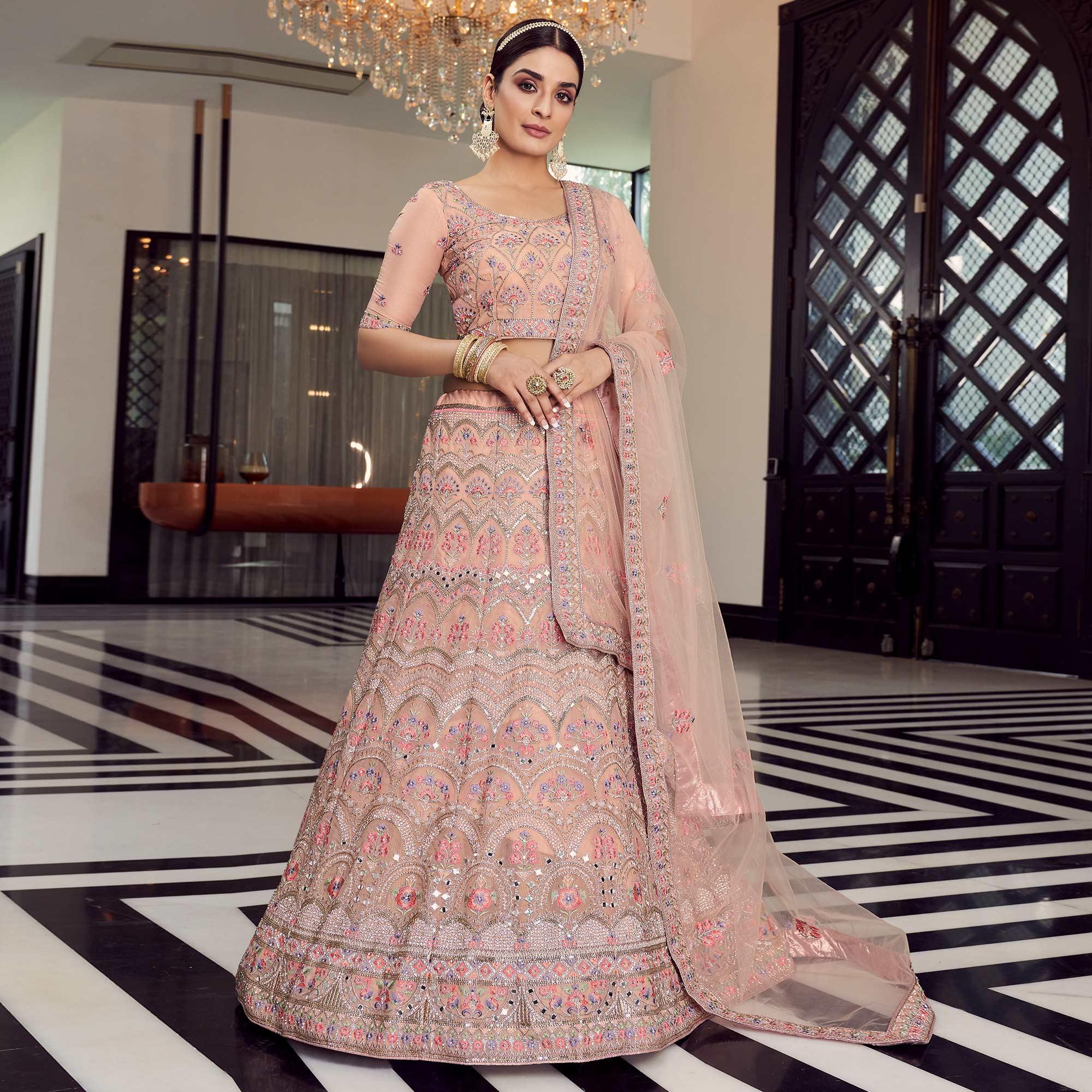 Peach Embellished With Embroidered Organza Lehenga Choli - Peachmode
