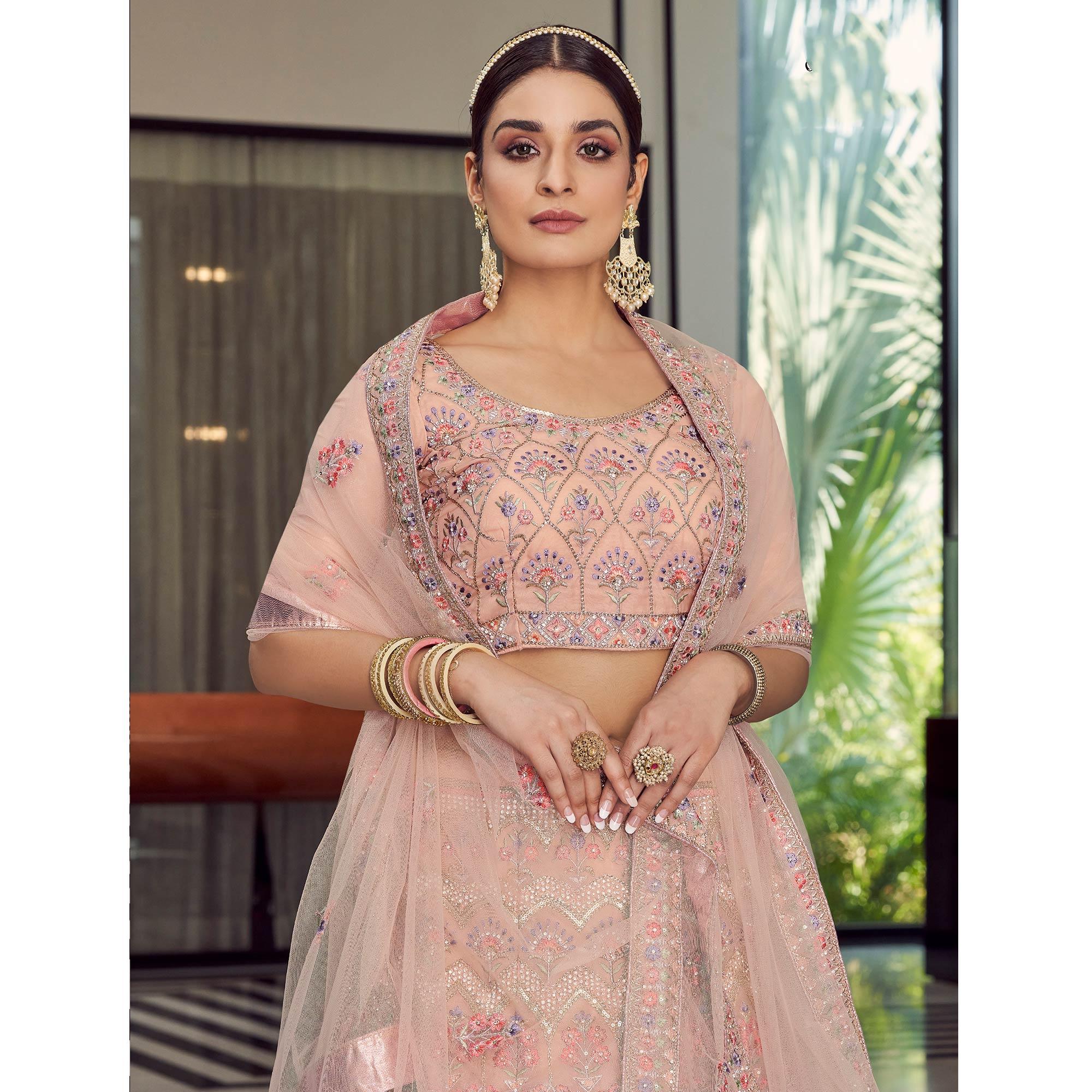 Peach Embellished With Embroidered Organza Lehenga Choli - Peachmode
