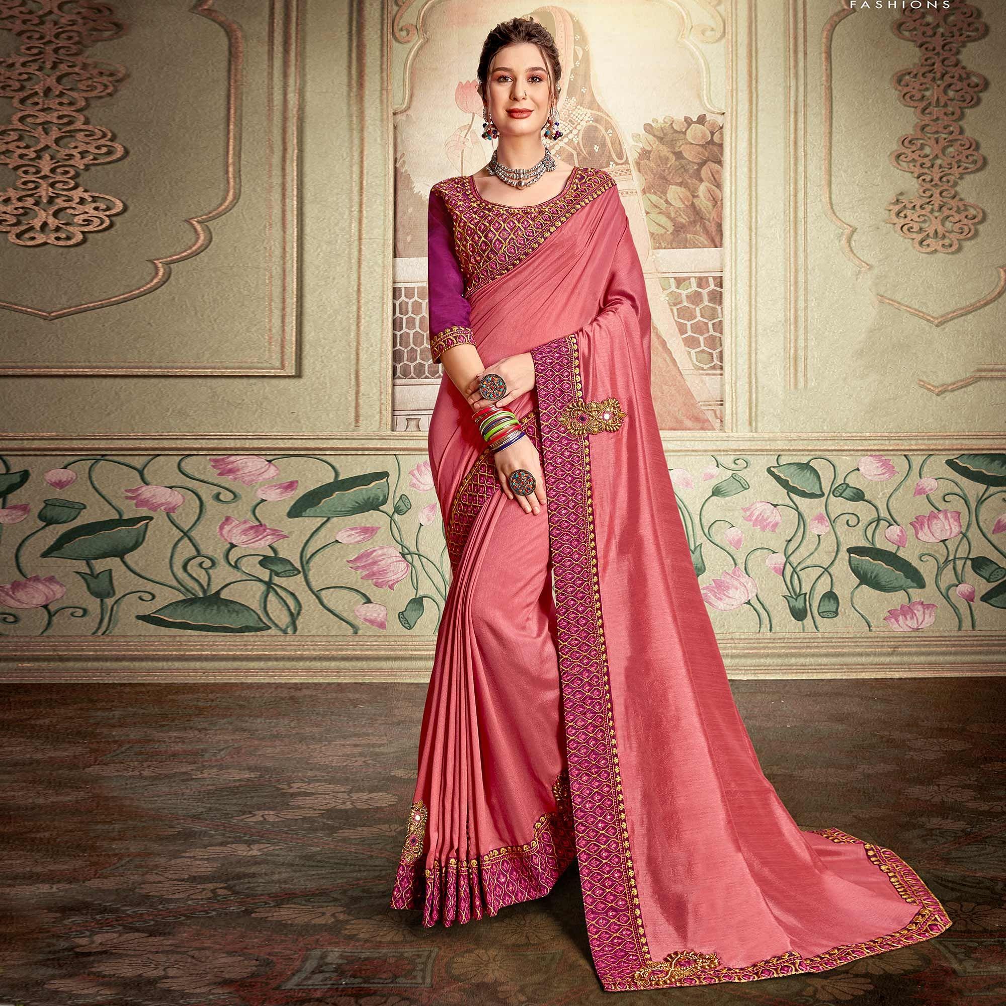 Peach Embellished With Embroidered Vichitra Silk Saree - Peachmode