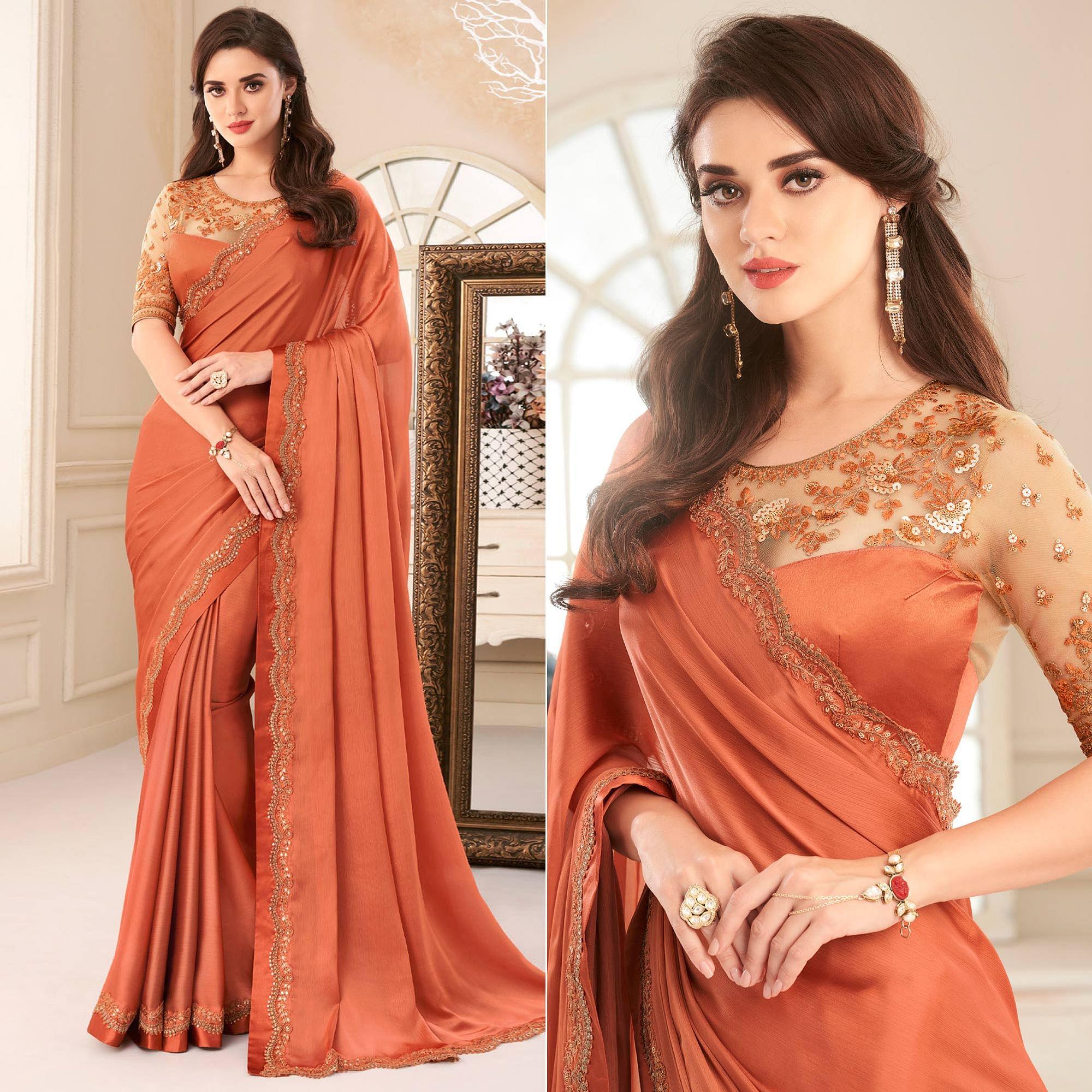 Peach Embroidered & Embellished Satin Saree - Peachmode