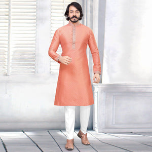 Peach Embroidered Art Silk Mens's Kurta Pyjama Set - Peachmode