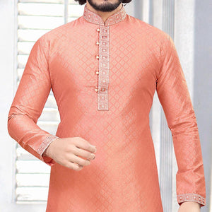 Peach Embroidered Art Silk Mens's Kurta Pyjama Set - Peachmode