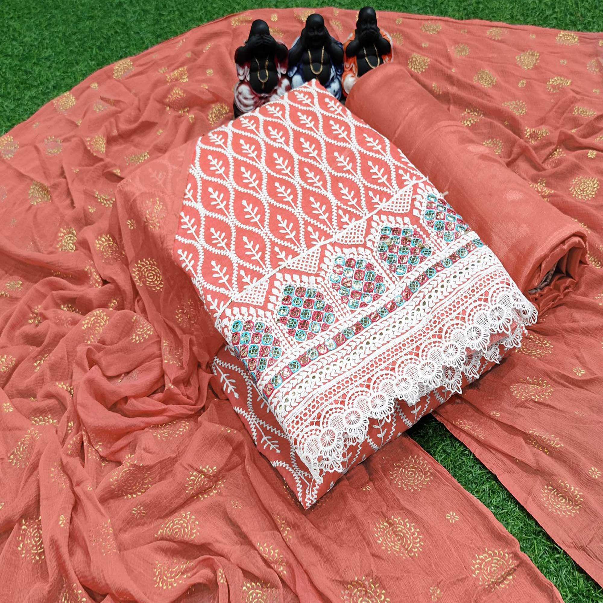 Peach Embroidered Chanderi Dress Material - Peachmode