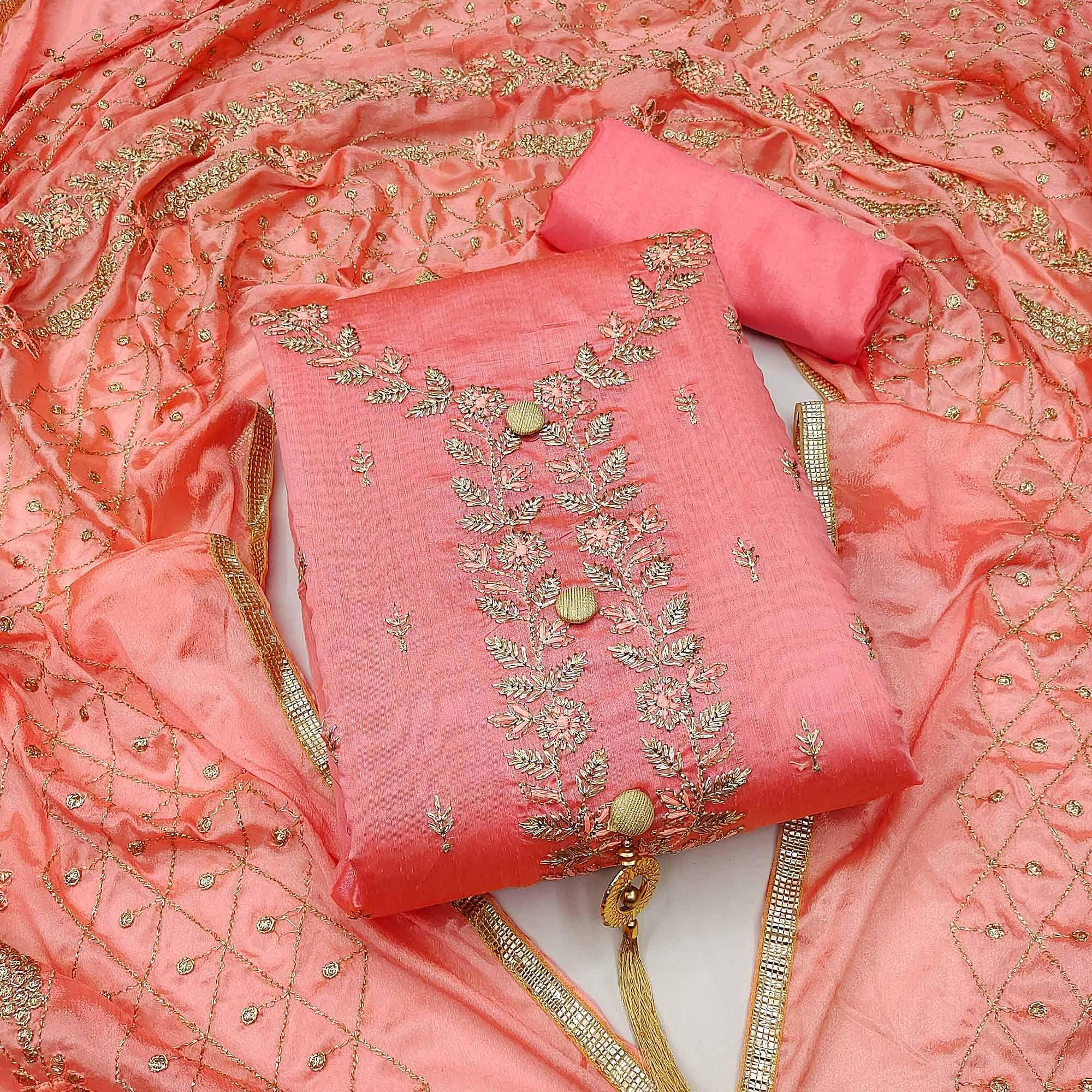 Peach Embroidered Chanderi Dress Material - Peachmode