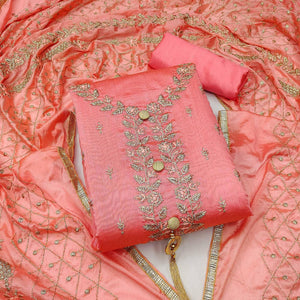 Peach Embroidered Chanderi Dress Material - Peachmode