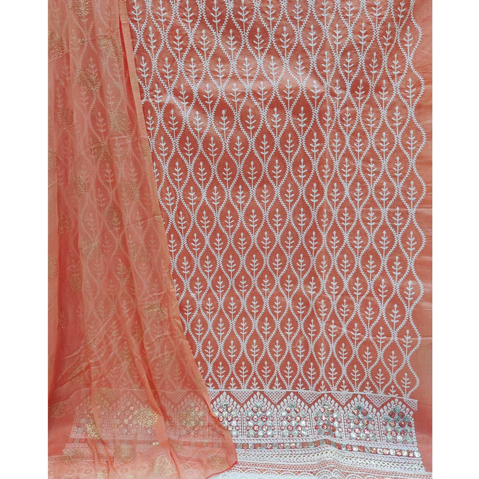 Peach Embroidered Chanderi Dress Material - Peachmode