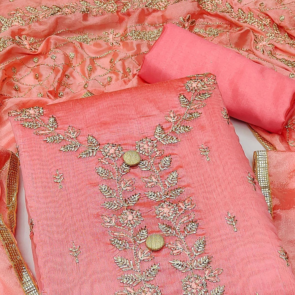 Peach Embroidered Chanderi Dress Material - Peachmode