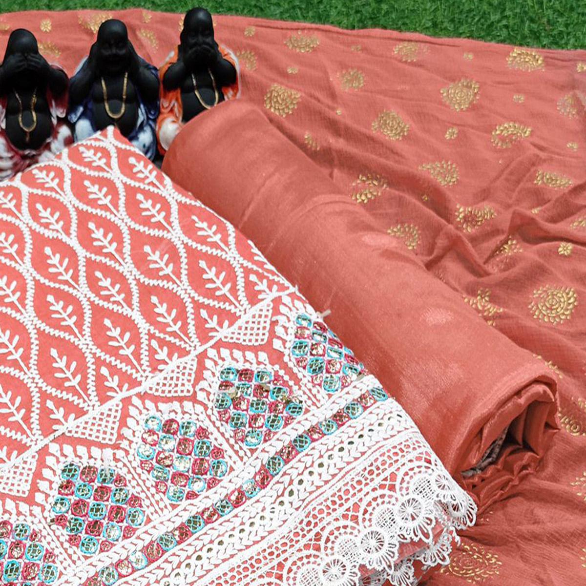 Peach Embroidered Chanderi Dress Material - Peachmode