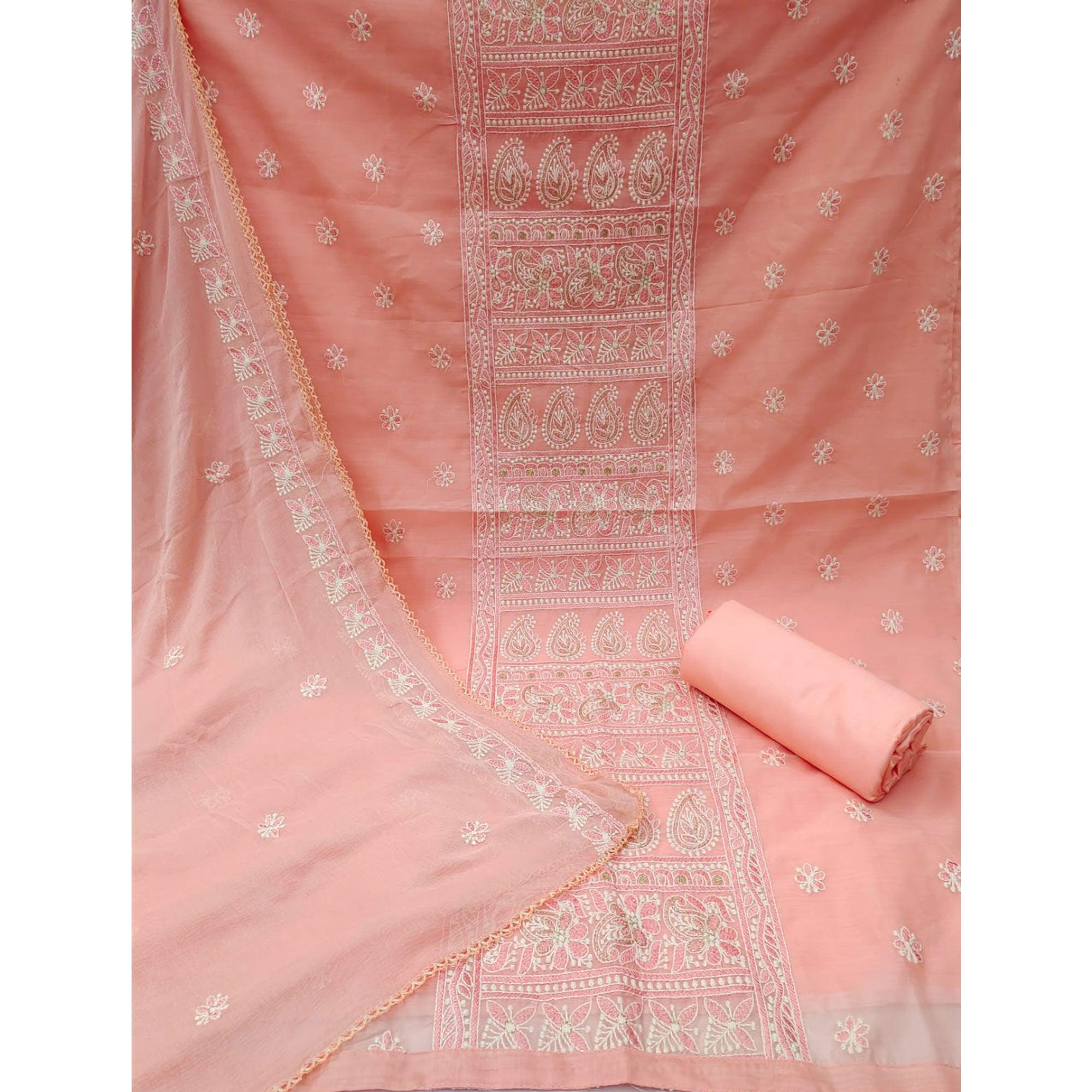 Peach Embroidered Chanderi Dress Material - Peachmode