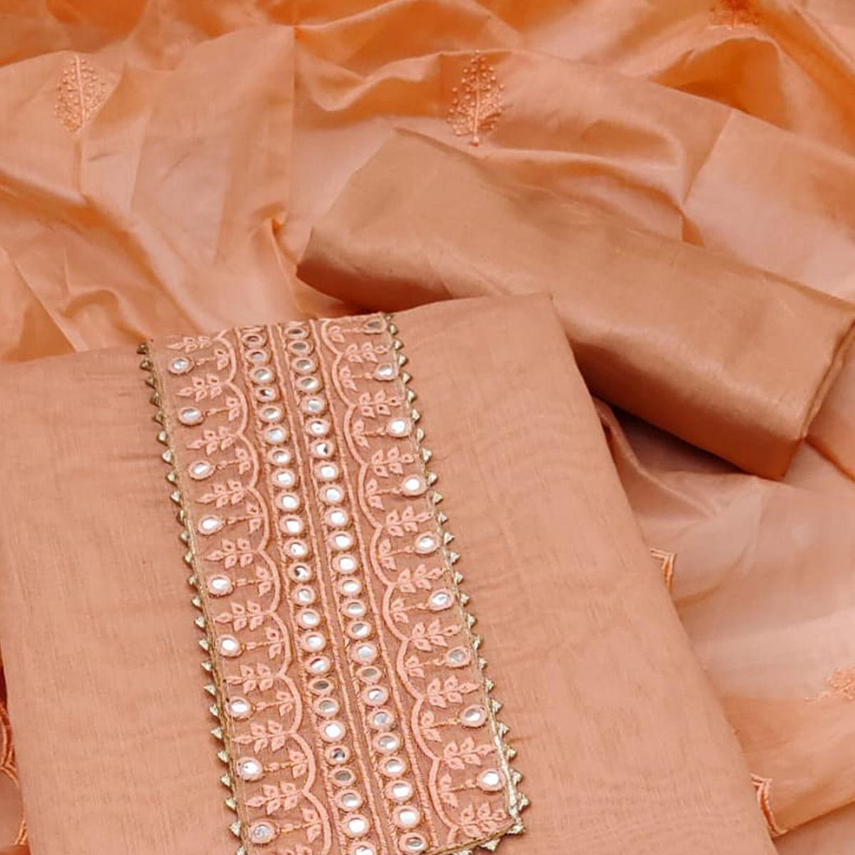 Peach Embroidered Chanderi Dress Material - Peachmode