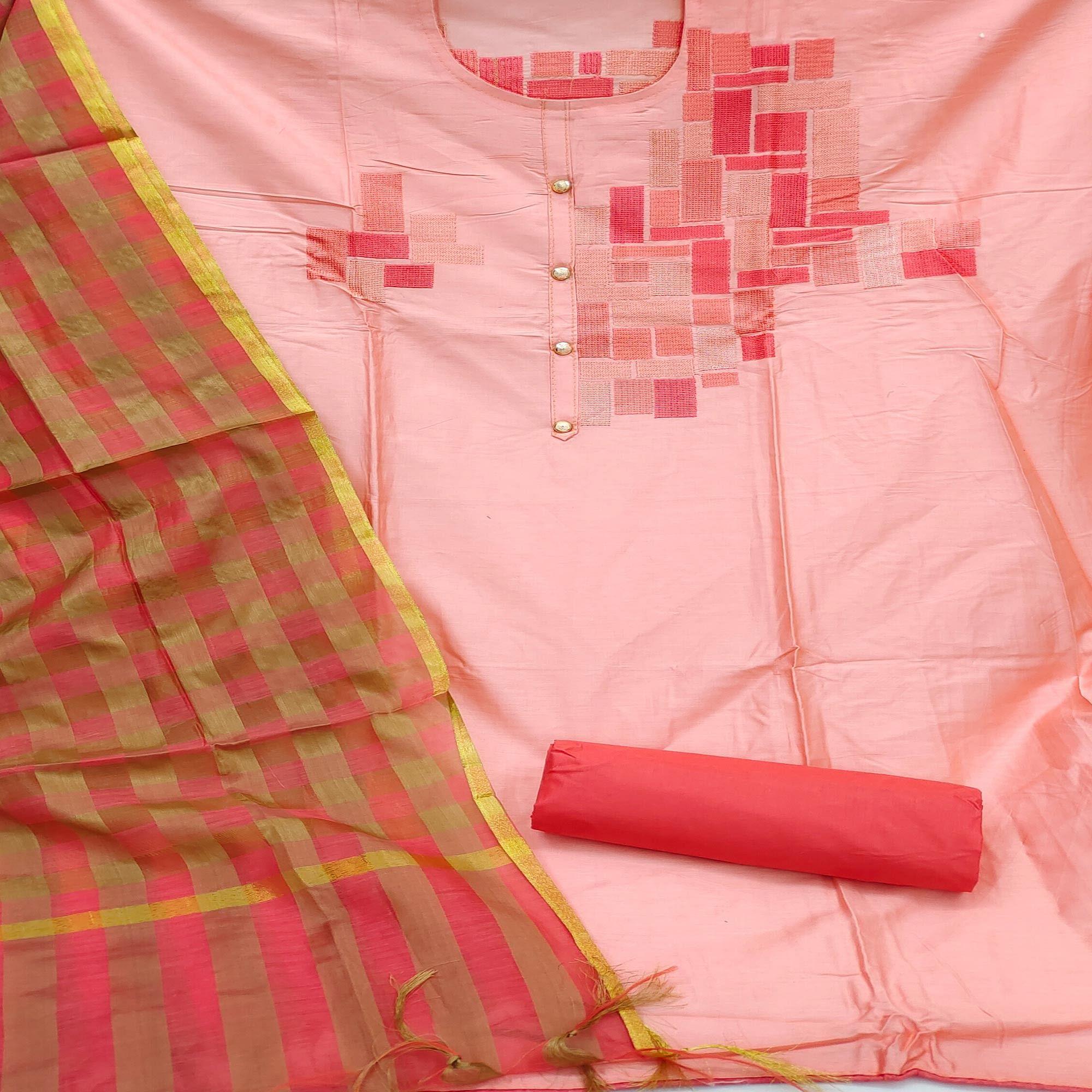 Peach Embroidered Cotton Dress Material - Peachmode