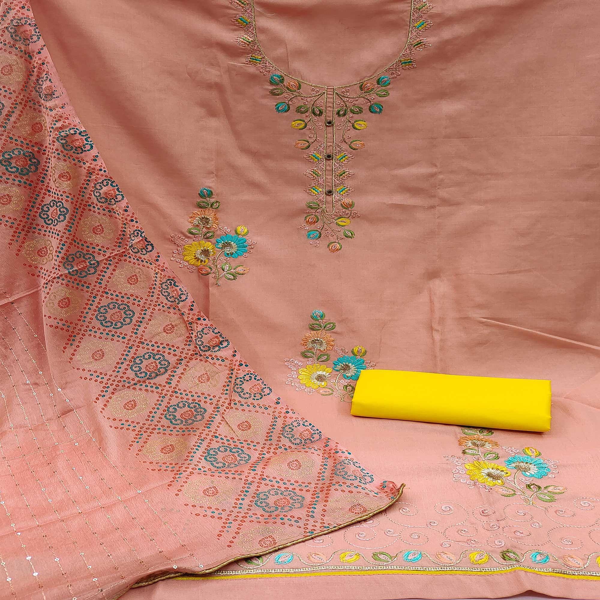 Peach Embroidered Cotton Dress Material - Peachmode