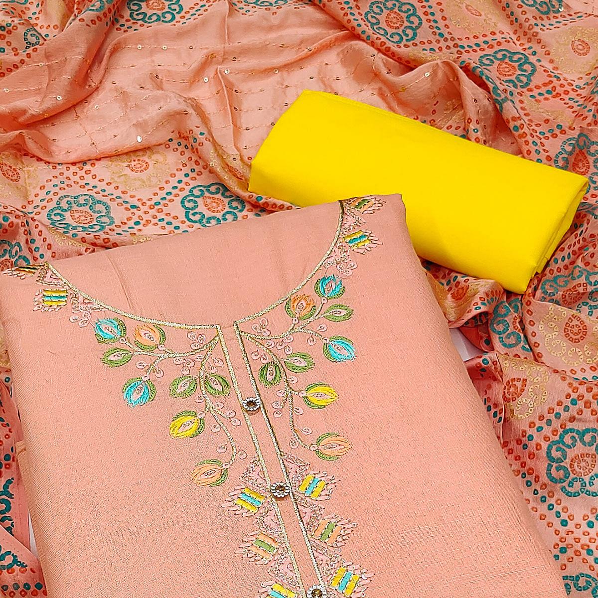 Peach Embroidered Cotton Dress Material - Peachmode