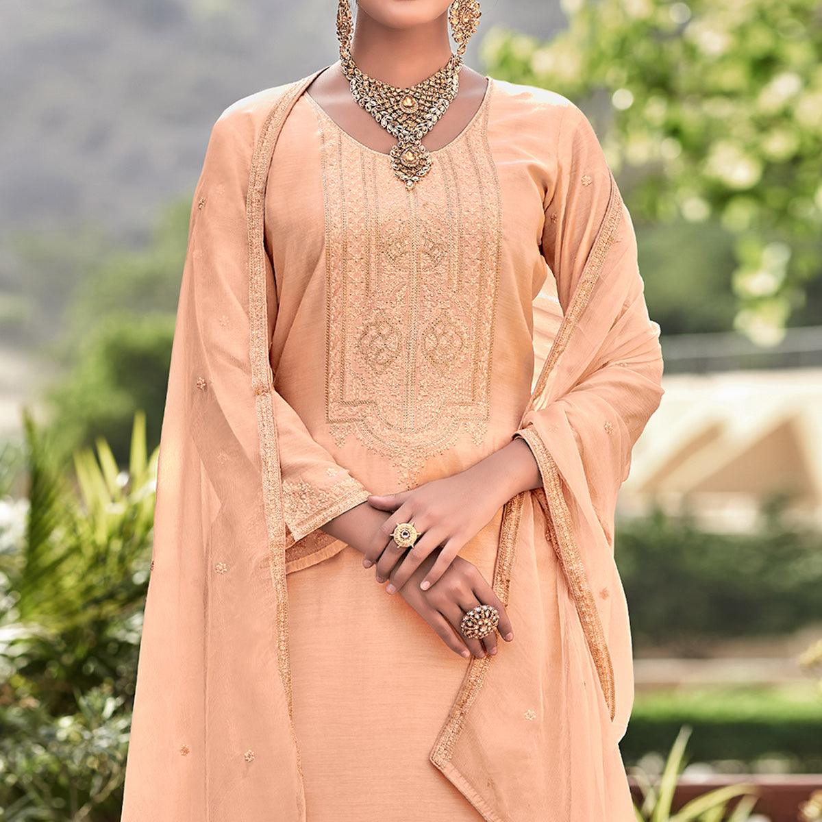 Peach Embroidered Cotton Silk Suit - Peachmode