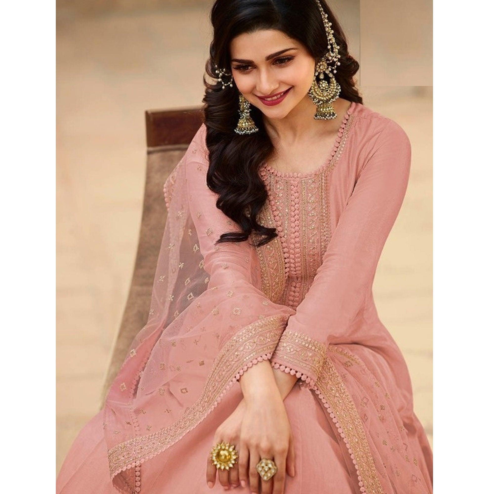 Peach Embroidered Dola Silk Gown Suit - Peachmode