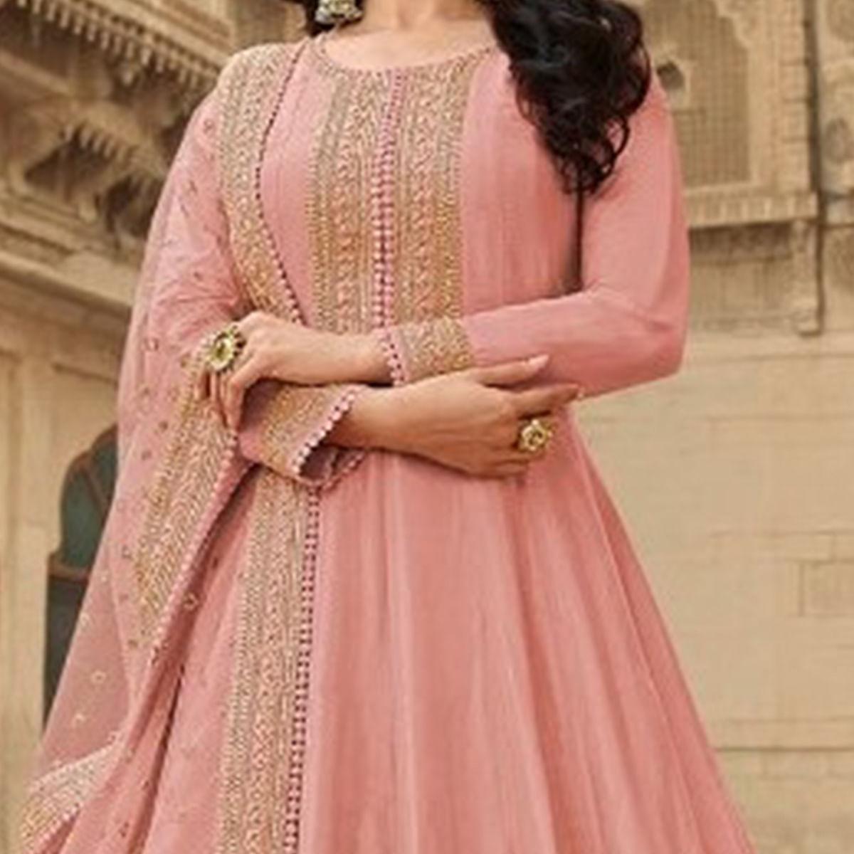 Peach Embroidered Dola Silk Gown Suit - Peachmode
