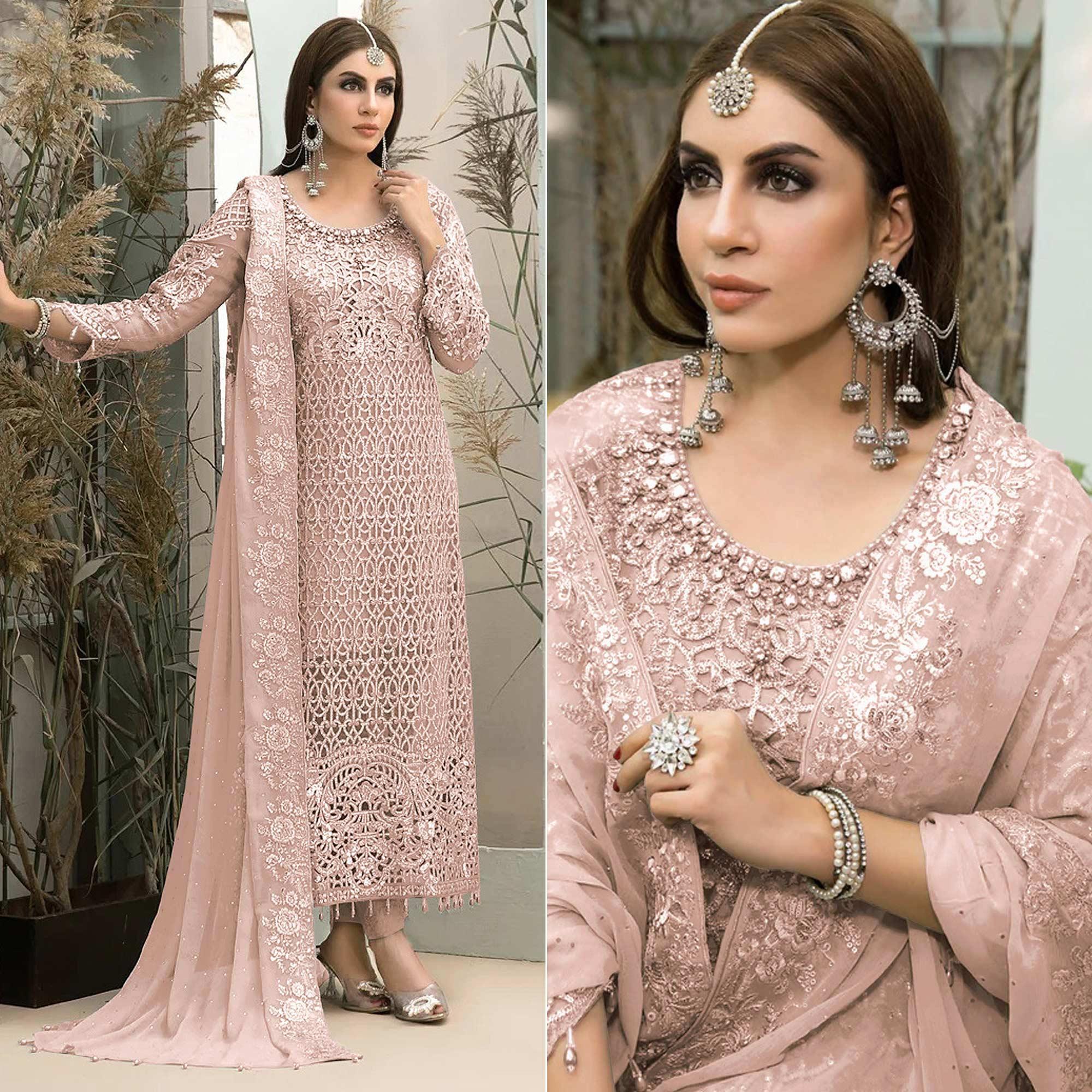 Peach Embroidered Georgette Pakistani Suit - Peachmode