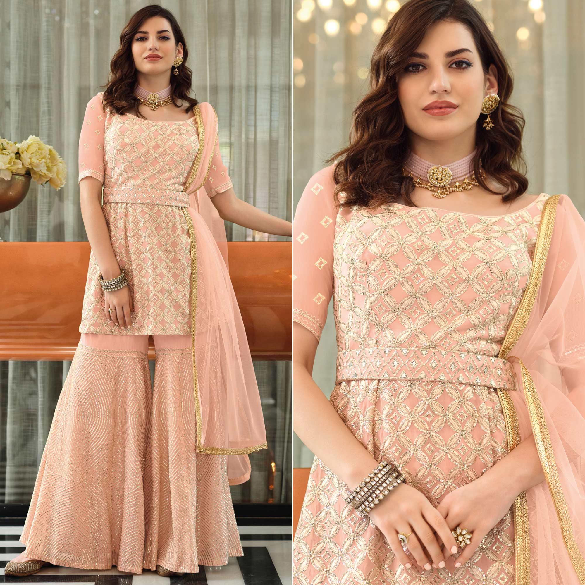 Peach Embroidered Georgette Sharara Suit - Peachmode