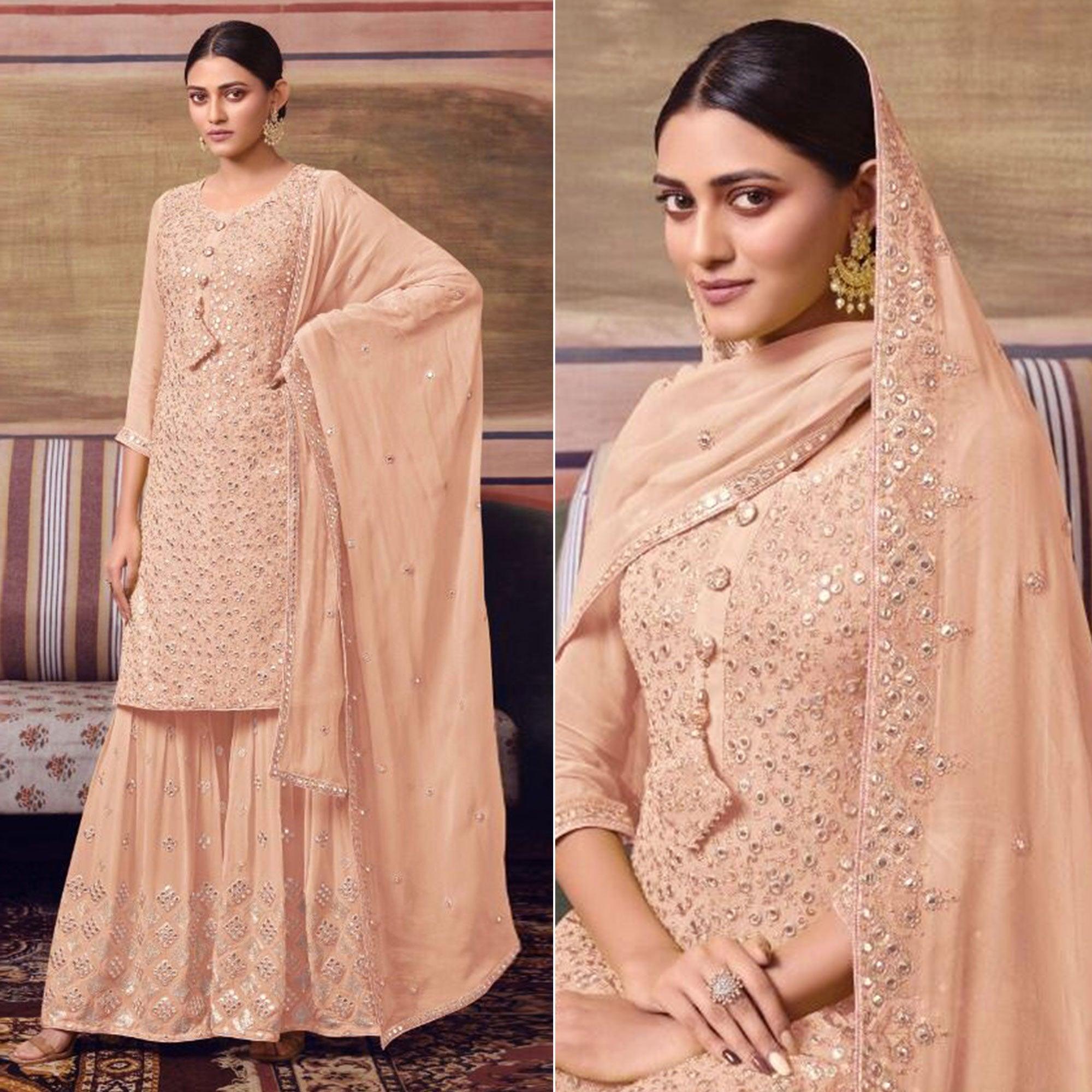 Peach Embroidered Georgette Sharara Suit - Peachmode