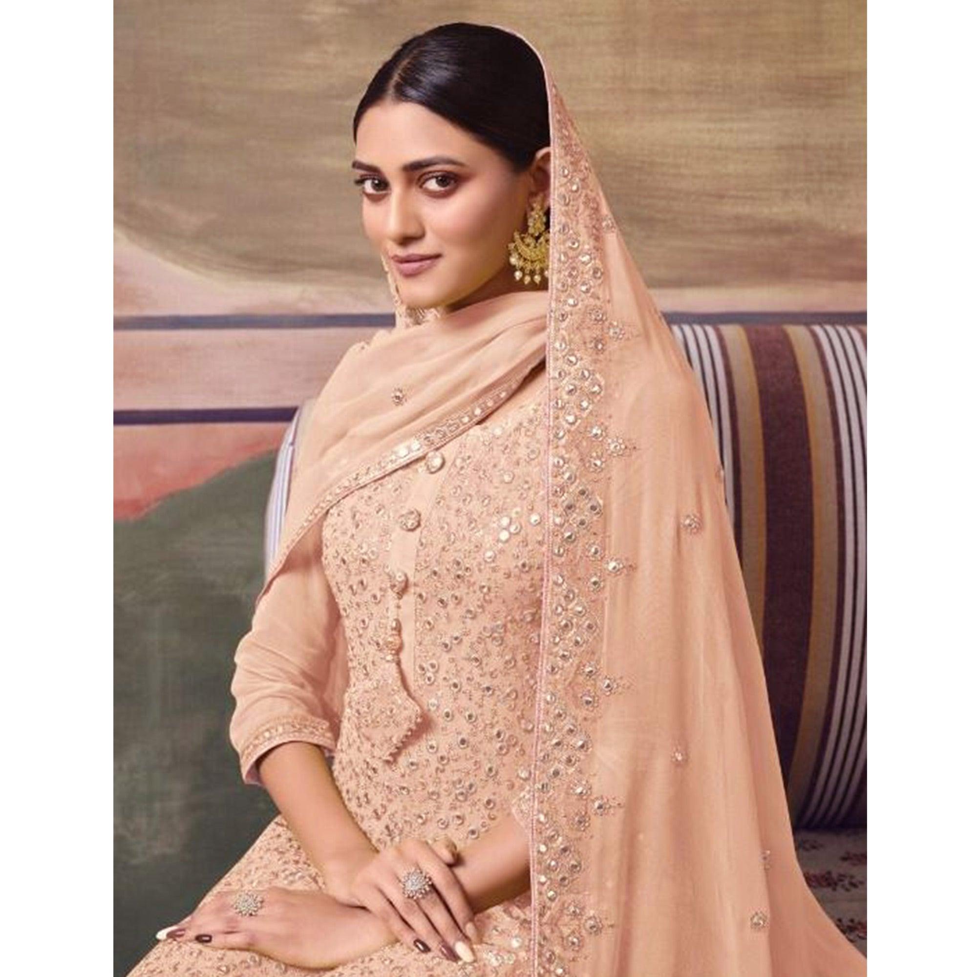 Peach Embroidered Georgette Sharara Suit - Peachmode