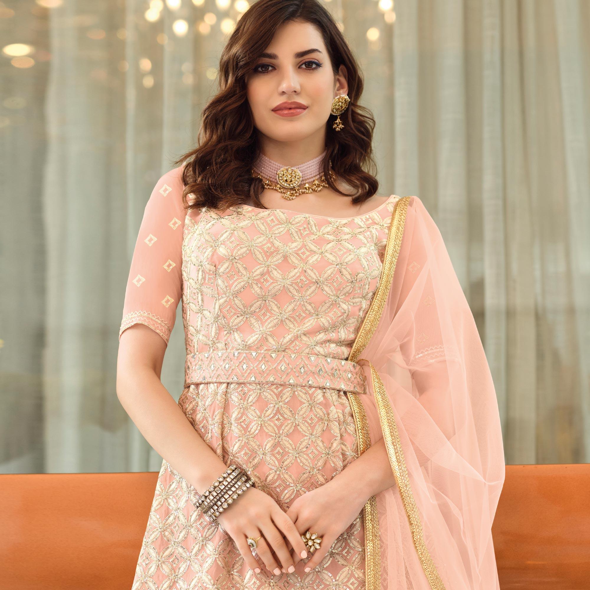 Peach Embroidered Georgette Sharara Suit - Peachmode