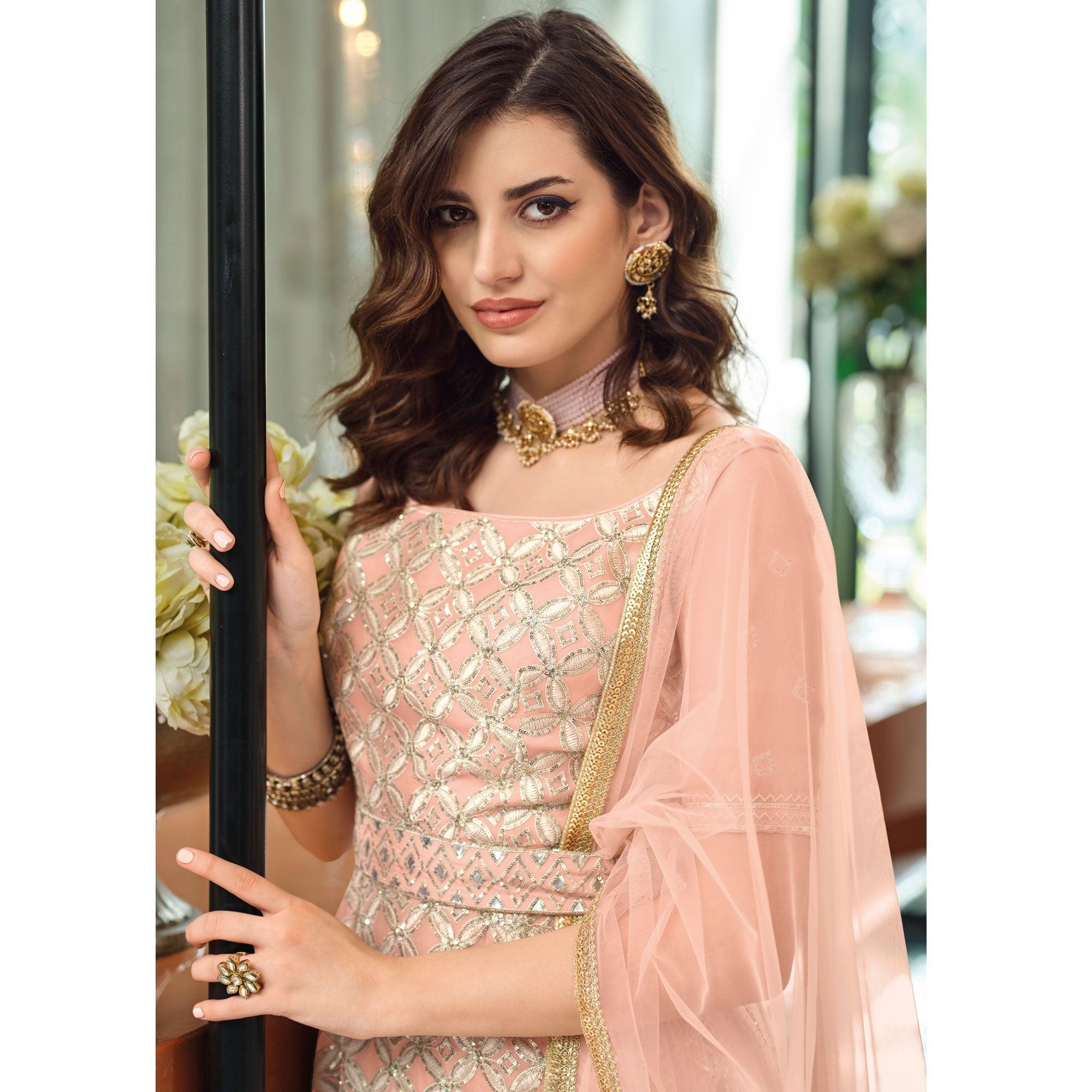 Peach Embroidered Georgette Sharara Suit - Peachmode