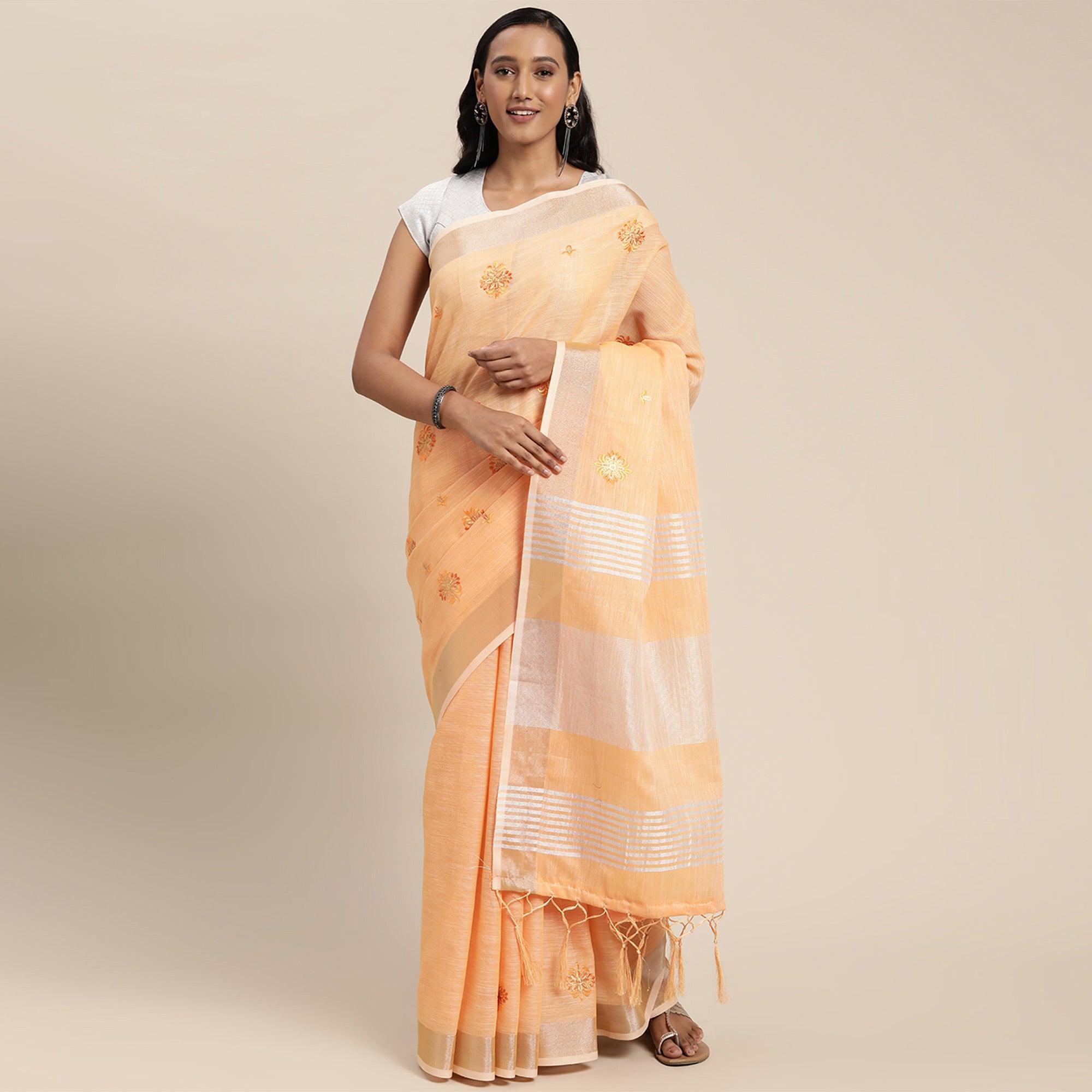 Peach Embroidered Linen Saree with Tassels - Peachmode