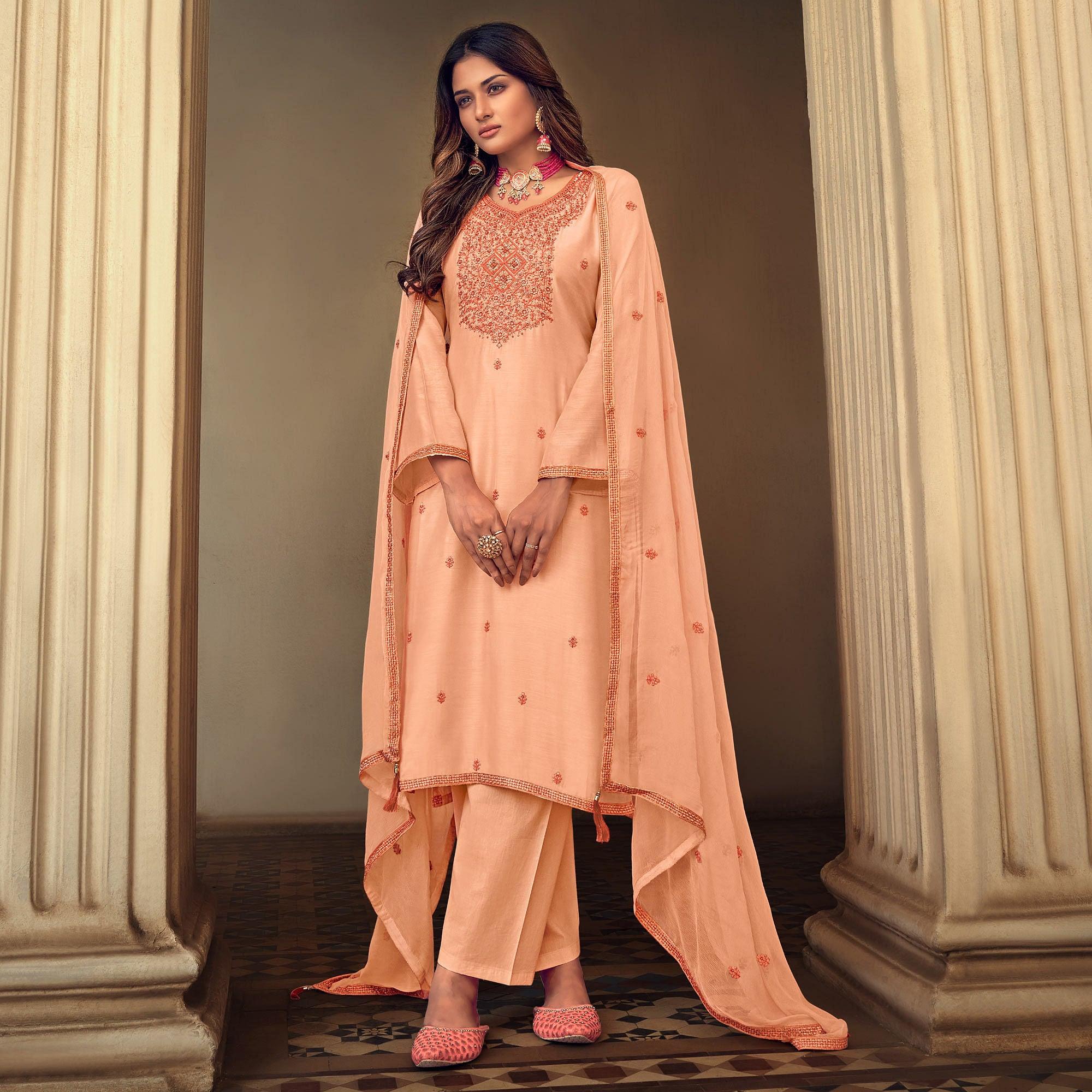 Peach Embroidered Muslin Suit - Peachmode