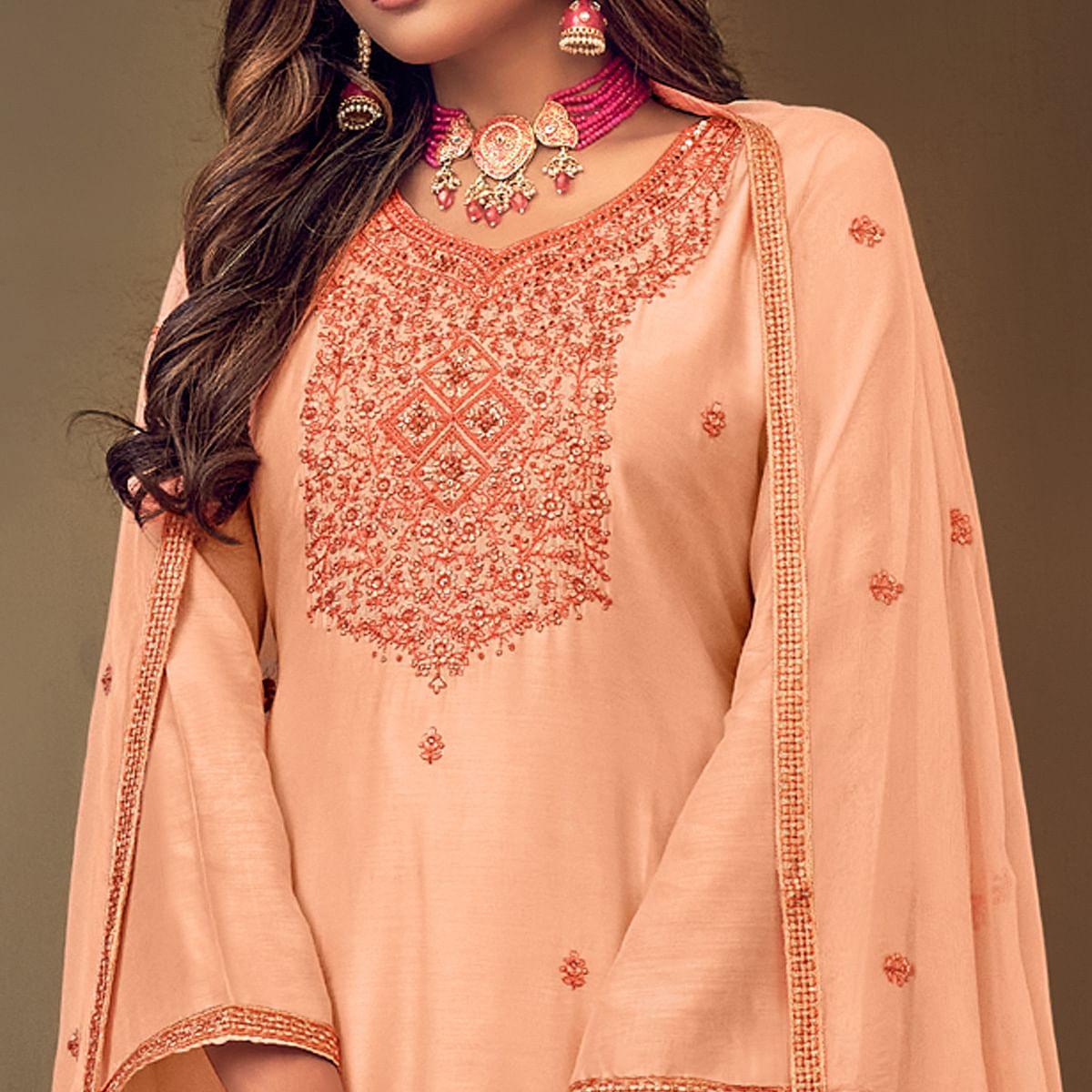 Peach Embroidered Muslin Suit - Peachmode