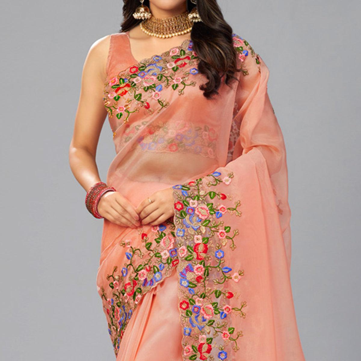 Peach Embroidered Organza Saree - Peachmode