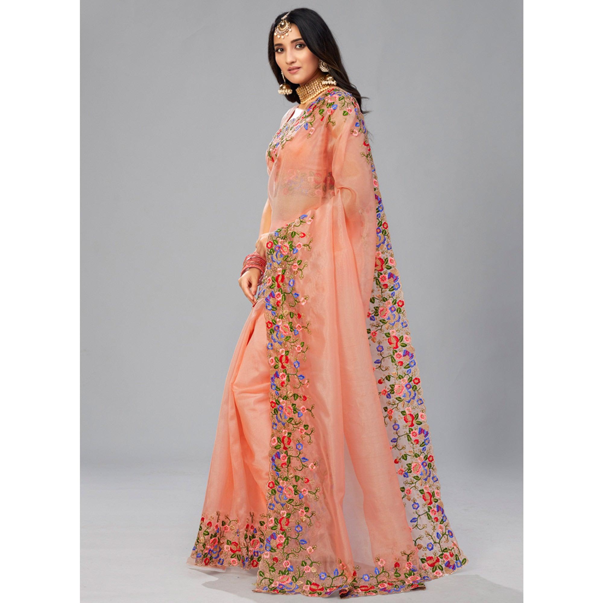 Peach Embroidered Organza Saree - Peachmode