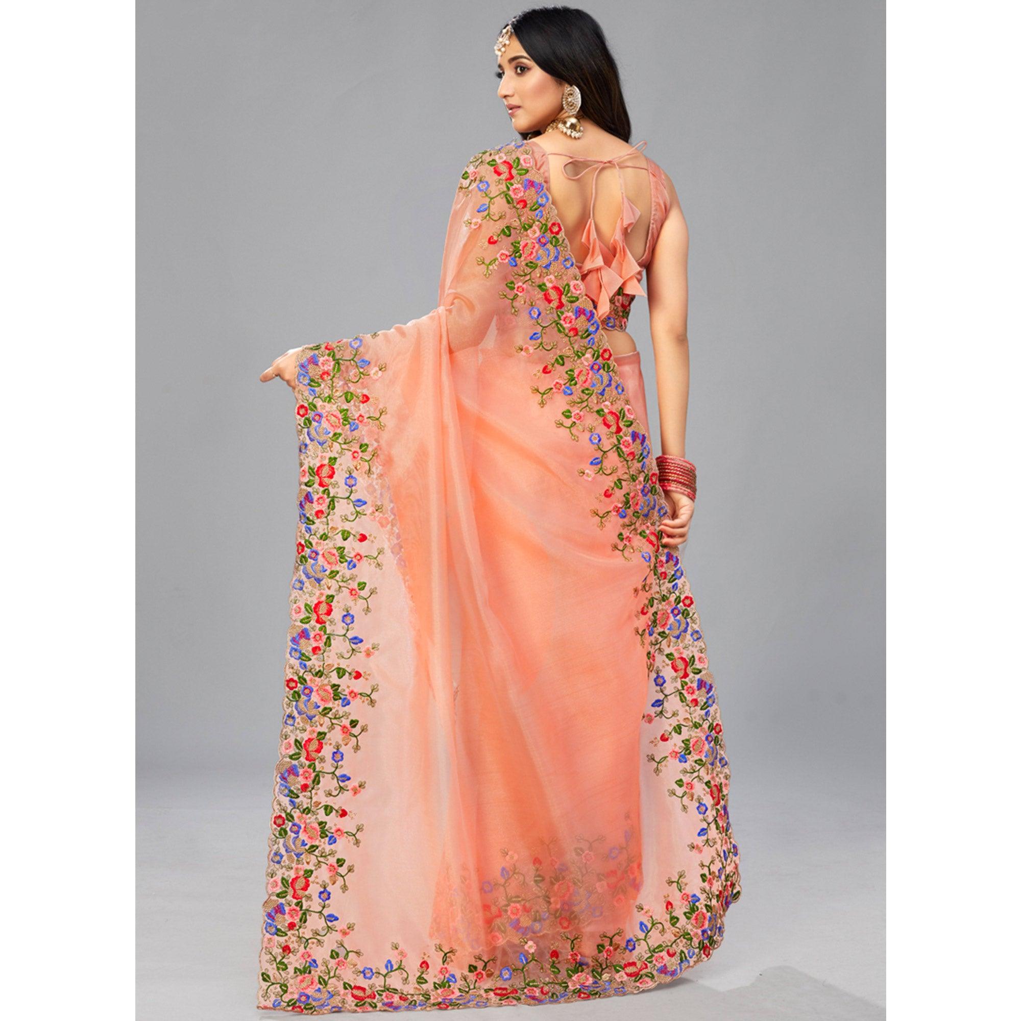Peach Embroidered Organza Saree - Peachmode