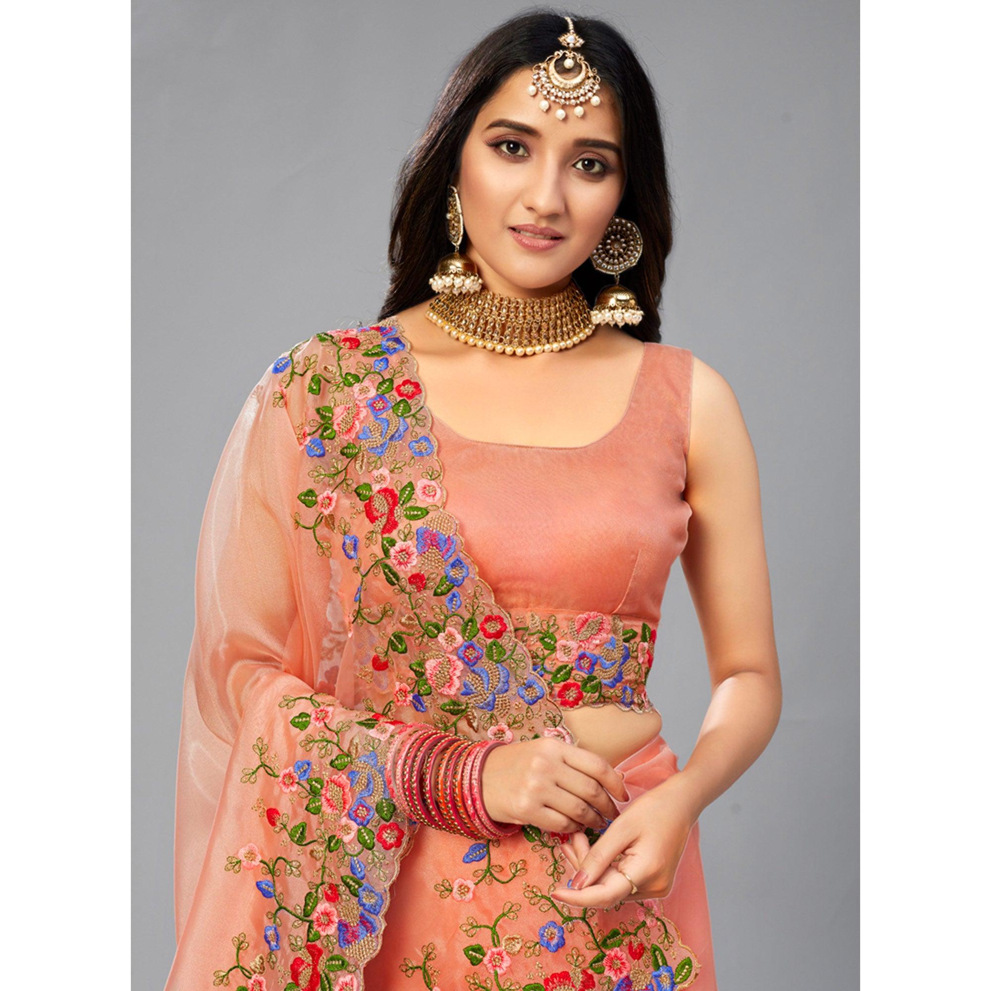 Peach Embroidered Organza Saree - Peachmode