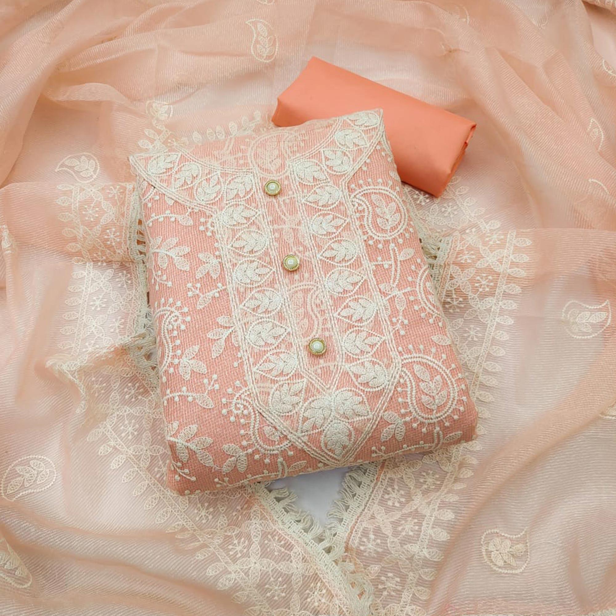 Peach Embroidered Pure Cotton Dress Material - Peachmode