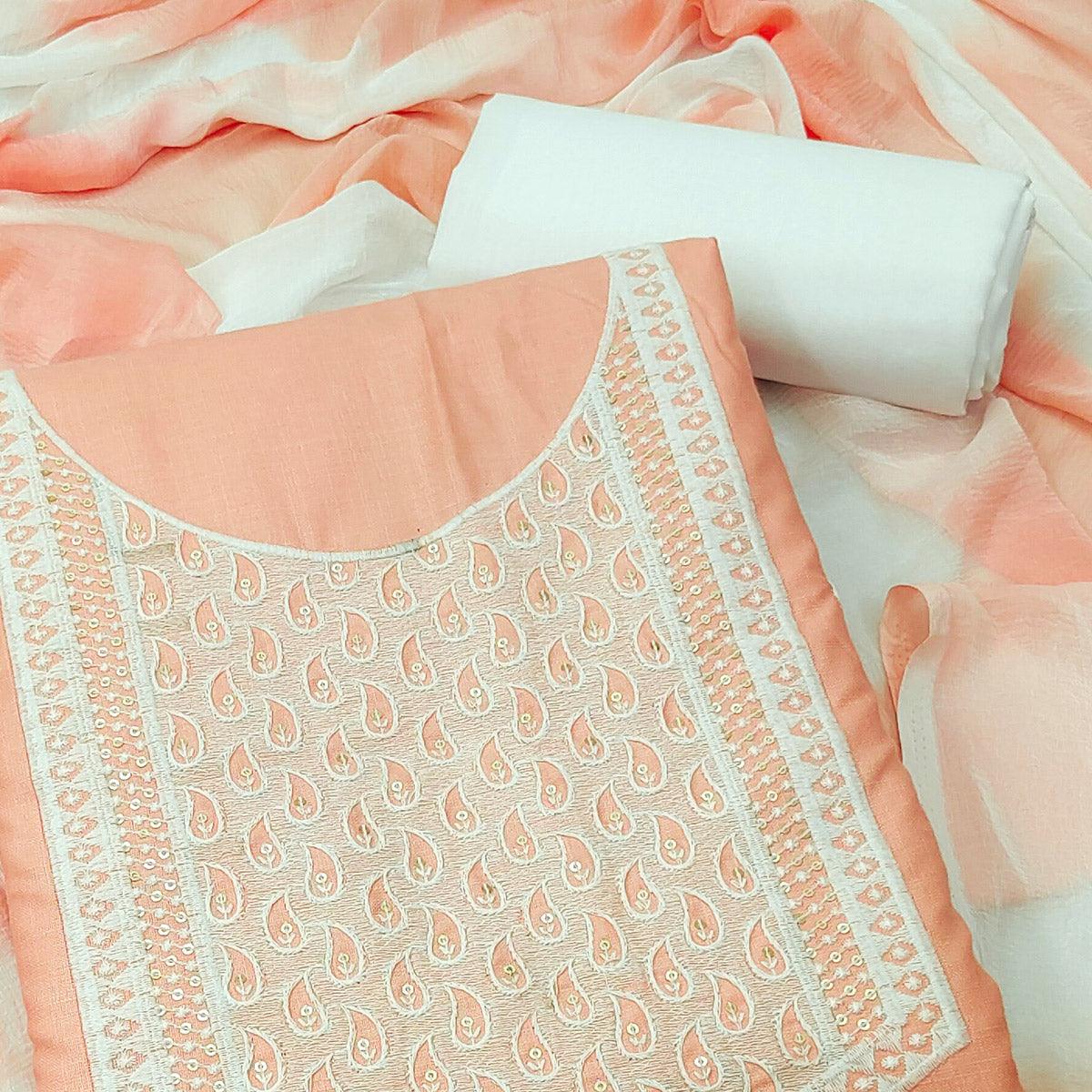Peach Embroidered Pure Cotton Dress Material - Peachmode
