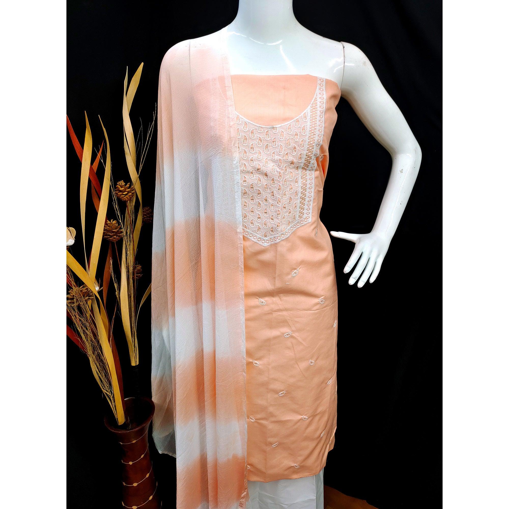 Peach Embroidered Pure Cotton Dress Material - Peachmode