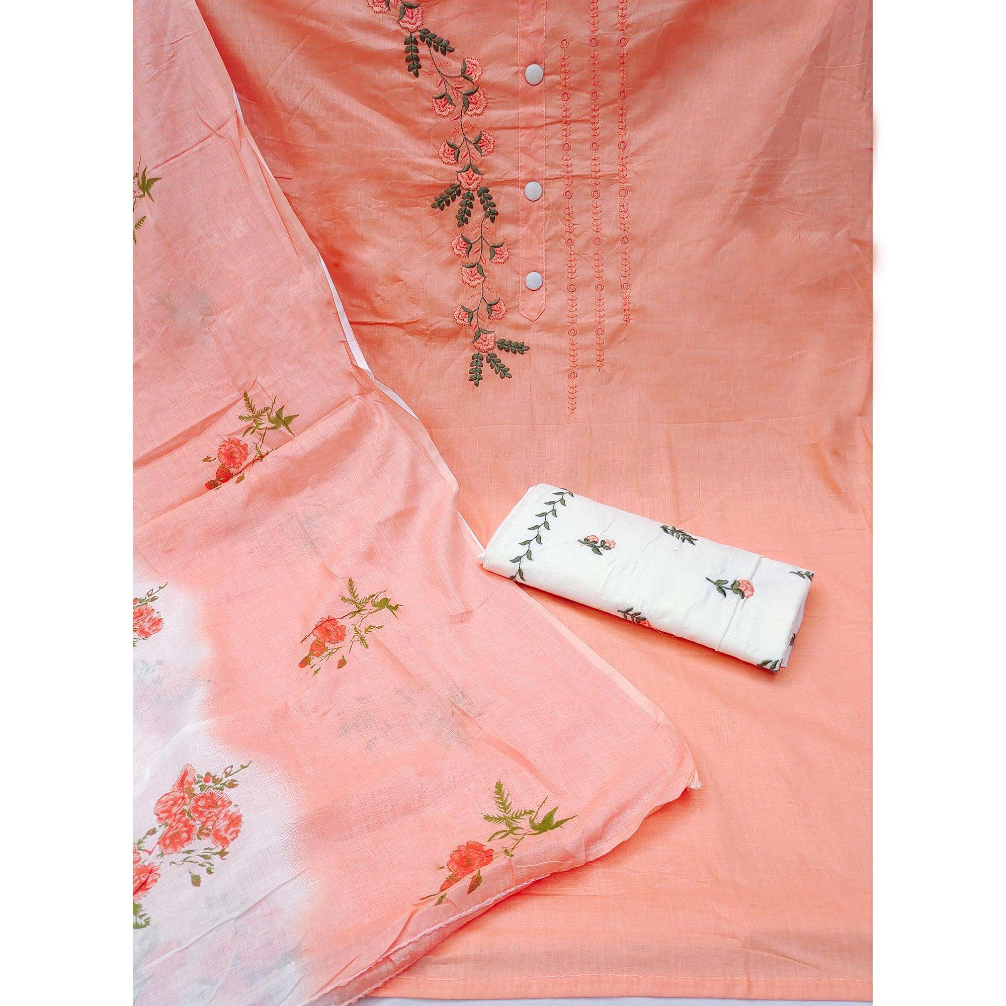 Peach Embroidered Pure Cotton Dress Material - Peachmode