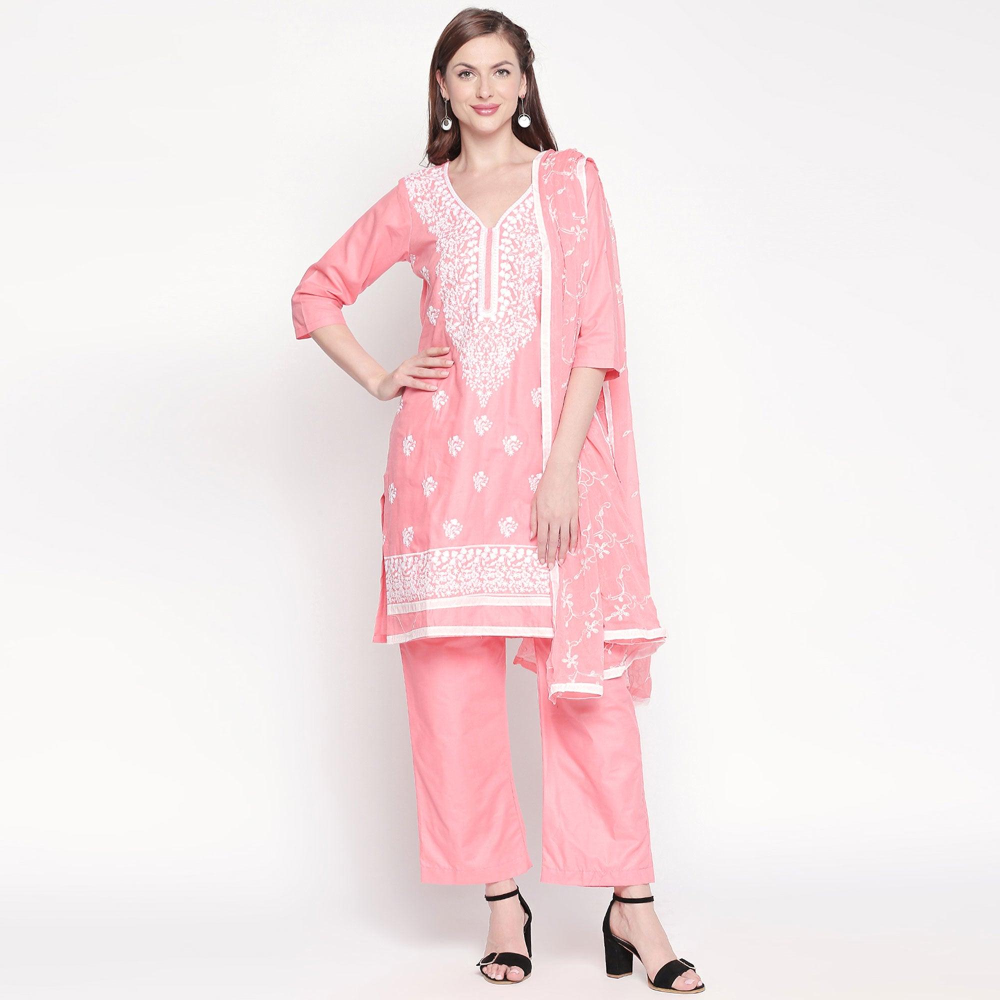 Peach Embroidered Pure Cotton Dress Material - Peachmode