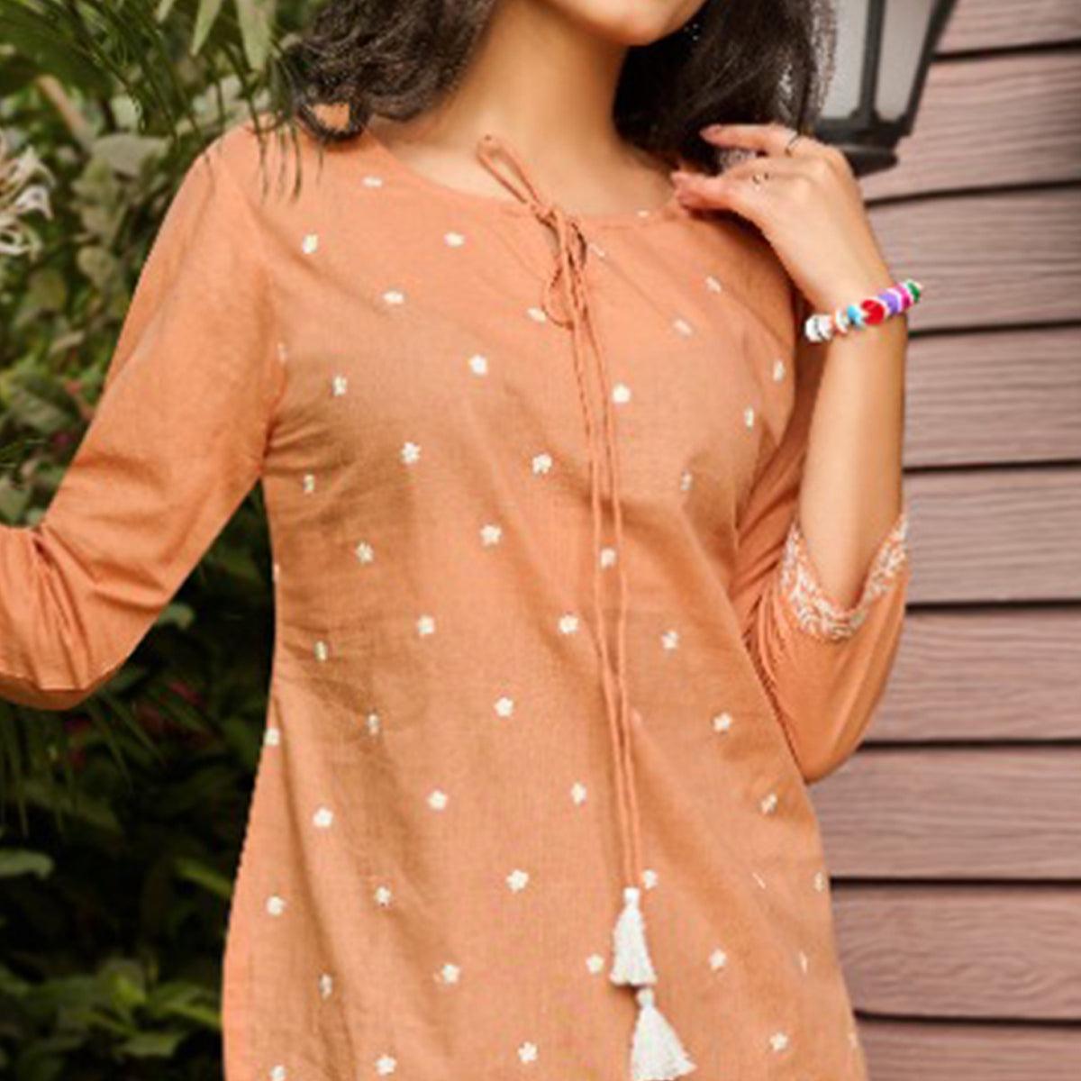 Peach Embroidered Pure Cotton Top - Peachmode