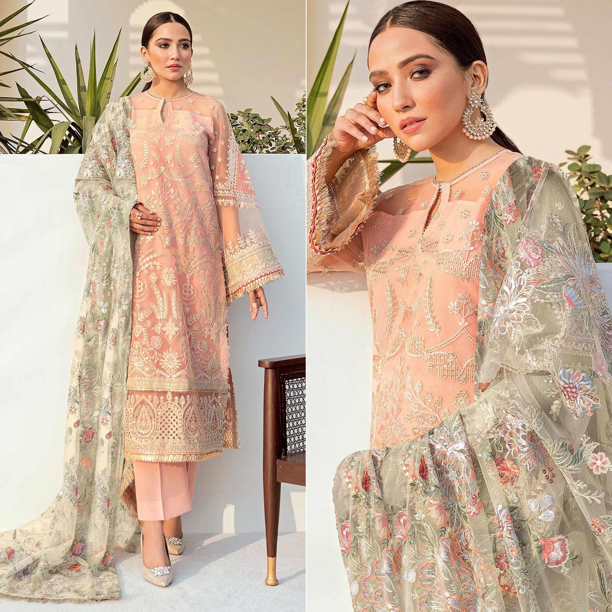 Peach Embroidered With Embellished Georgette Pakistani Suit - Peachmode
