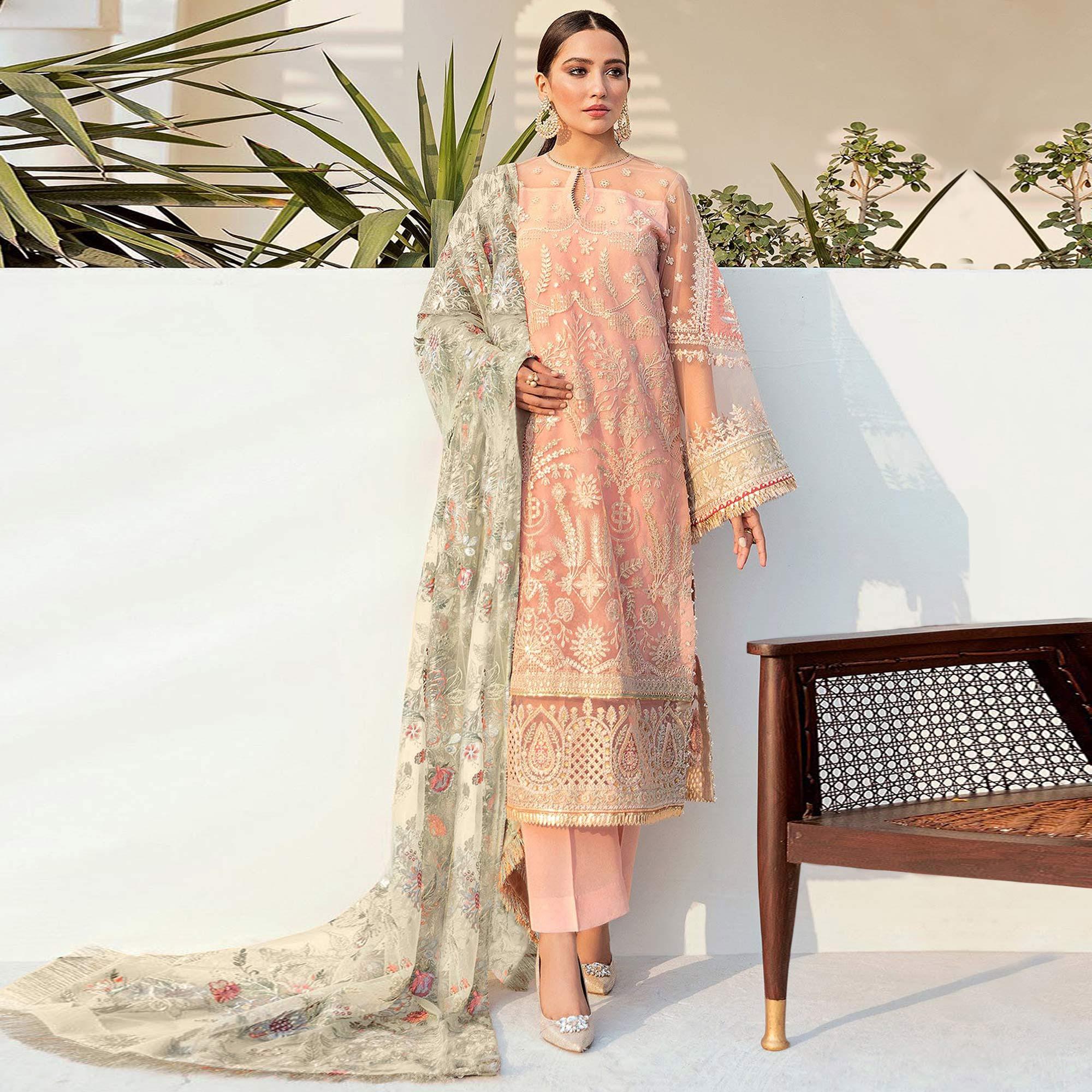Peach Embroidered With Embellished Georgette Pakistani Suit - Peachmode