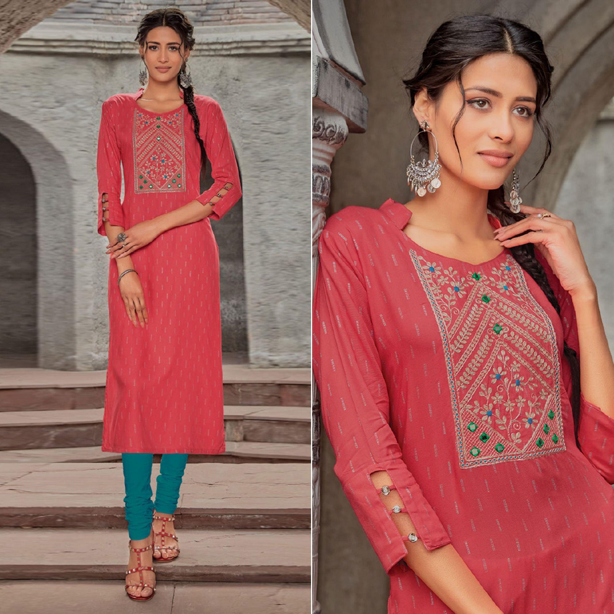 Peach Embroidered With Embellished Pure Cotton Kurti - Peachmode