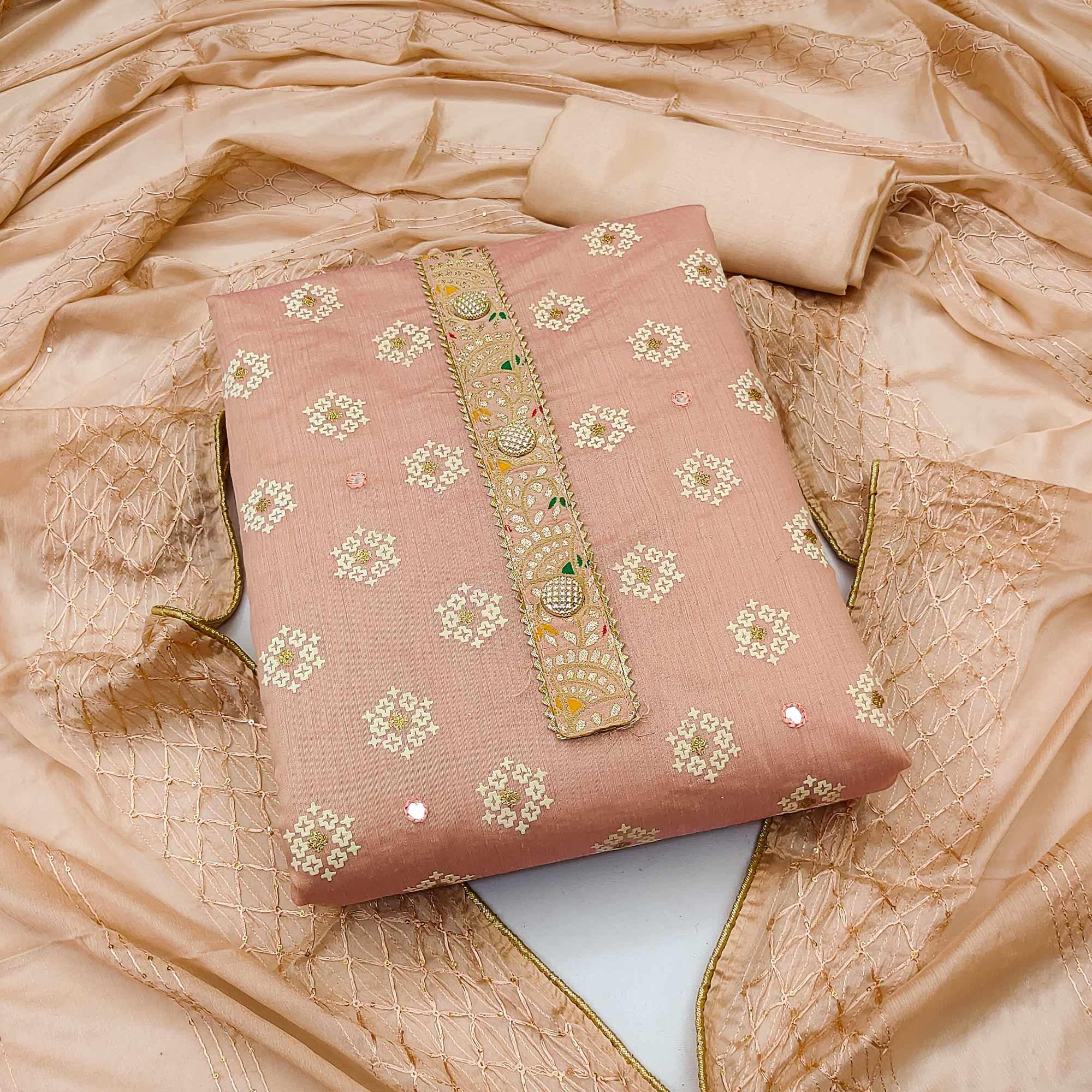 Peach Embroidered With Mirror Work Chanderi Dress Material - Peachmode