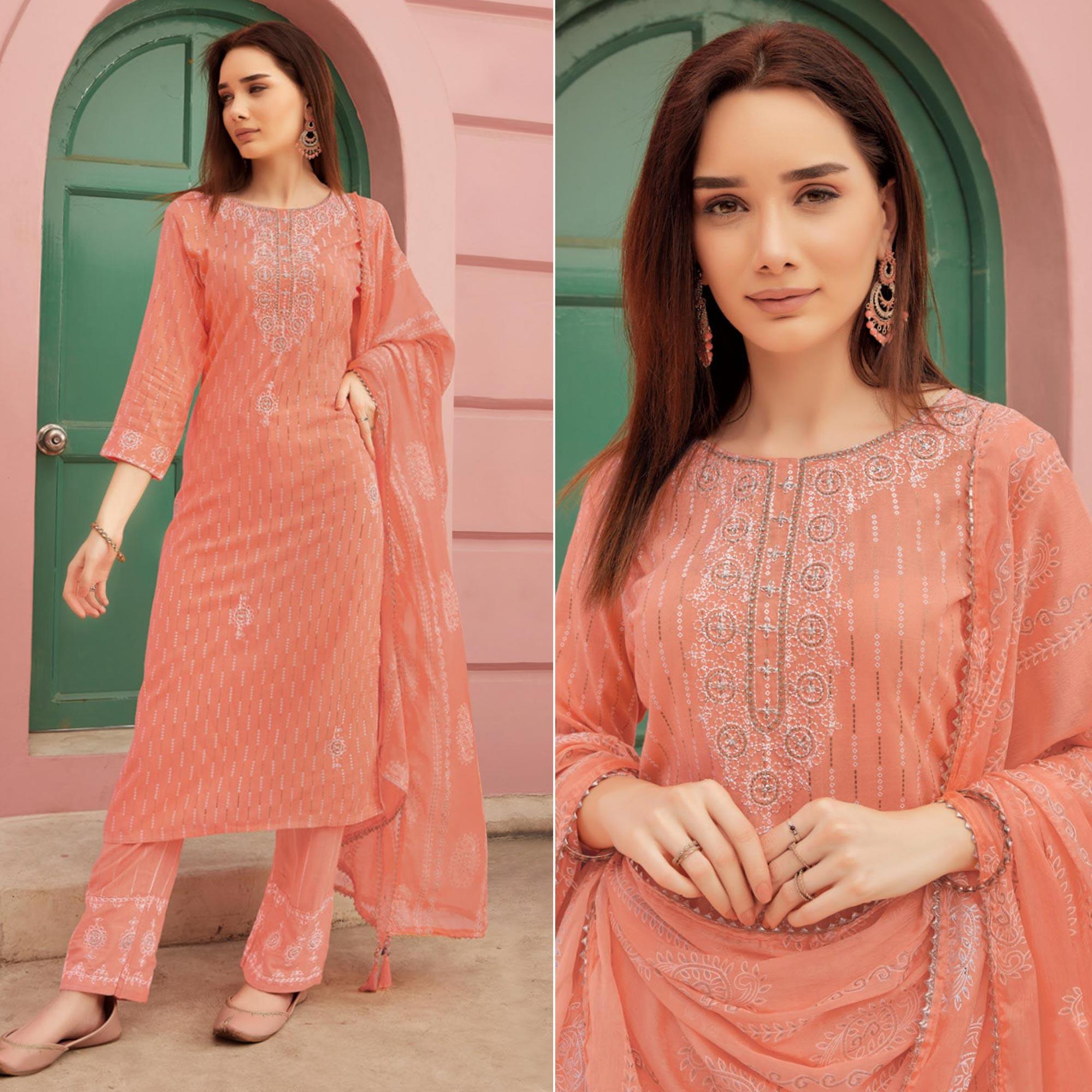Peach Embroidery With Printed Pure Cotton Kurti Pant Set - Peachmode
