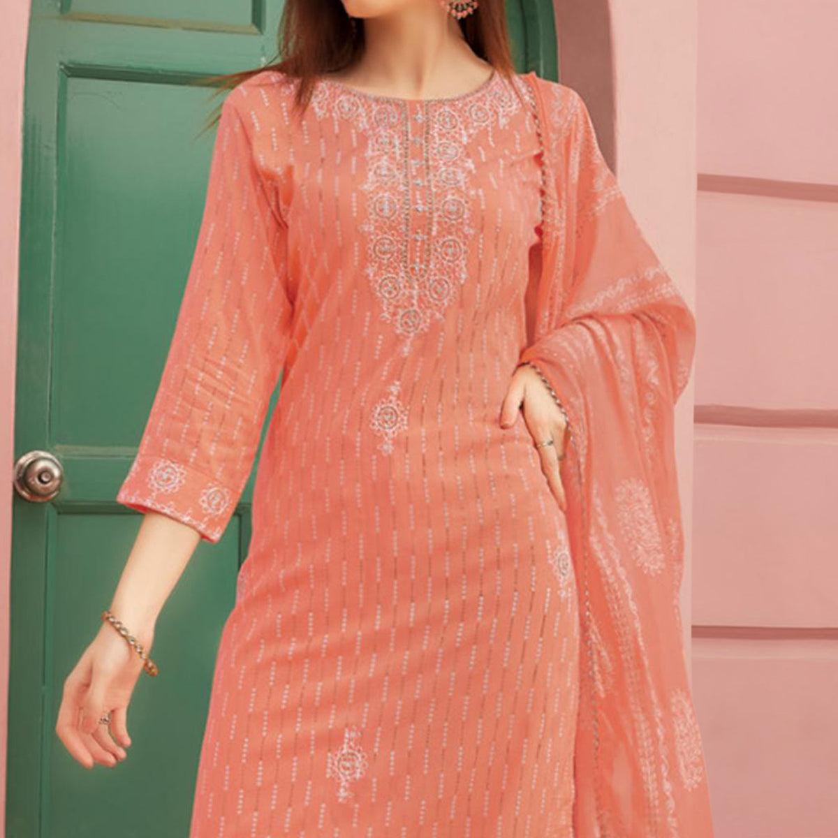 Peach Embroidery With Printed Pure Cotton Kurti Pant Set - Peachmode