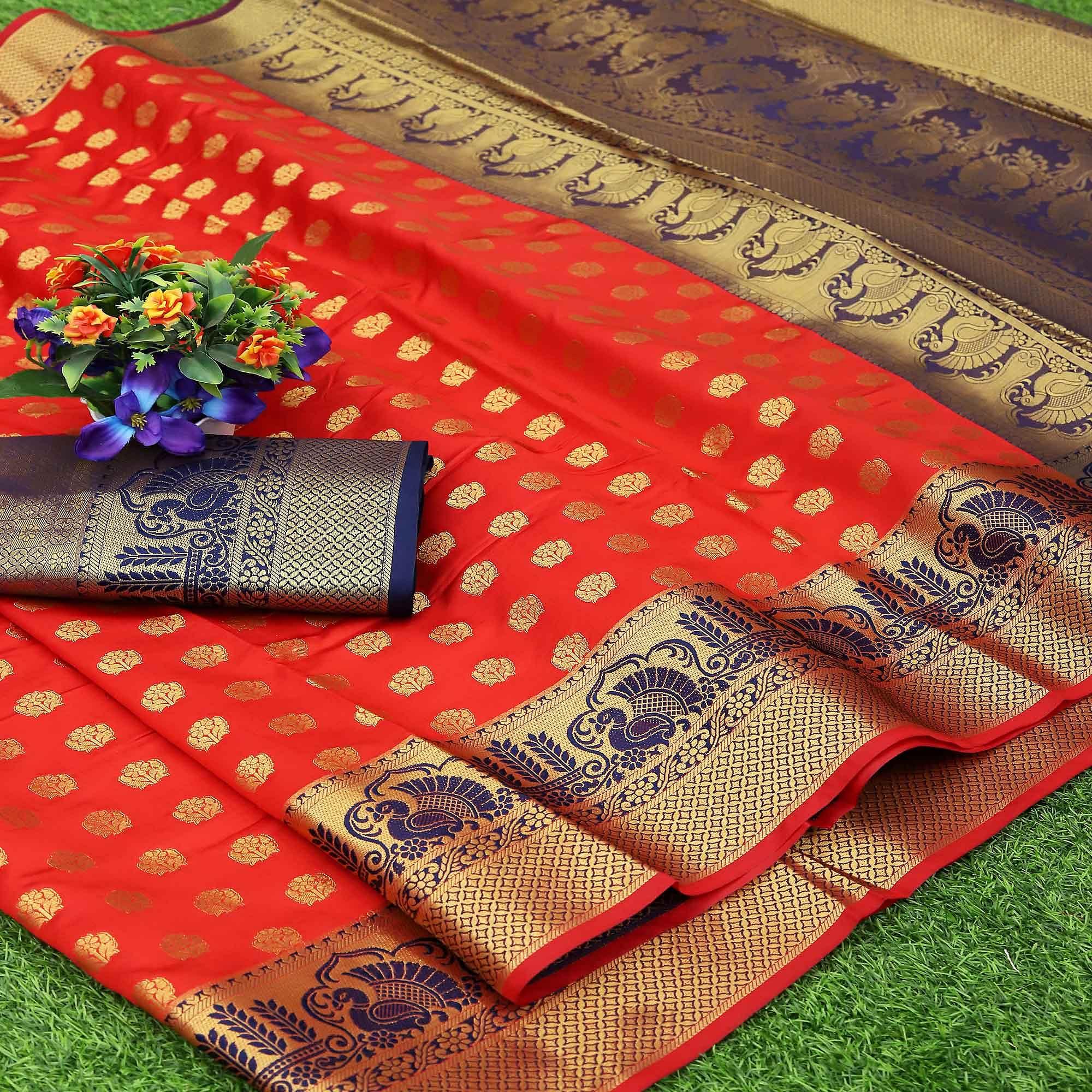Peach Festive Embroidered Kota Banarasi Art Silk Saree - Peachmode