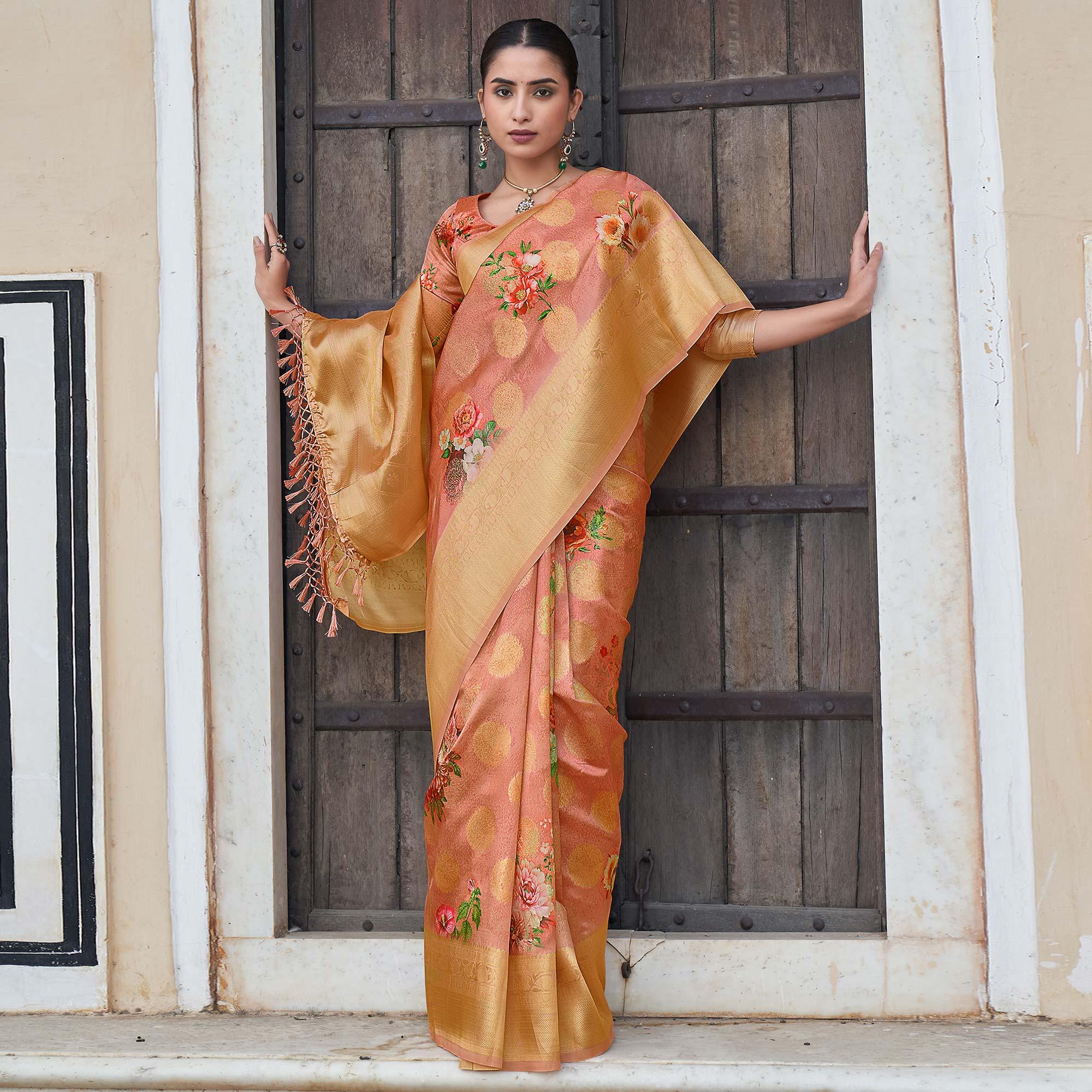 Peach Festive Wear Digital Printed Jacquard Silk Saree - Peachmode