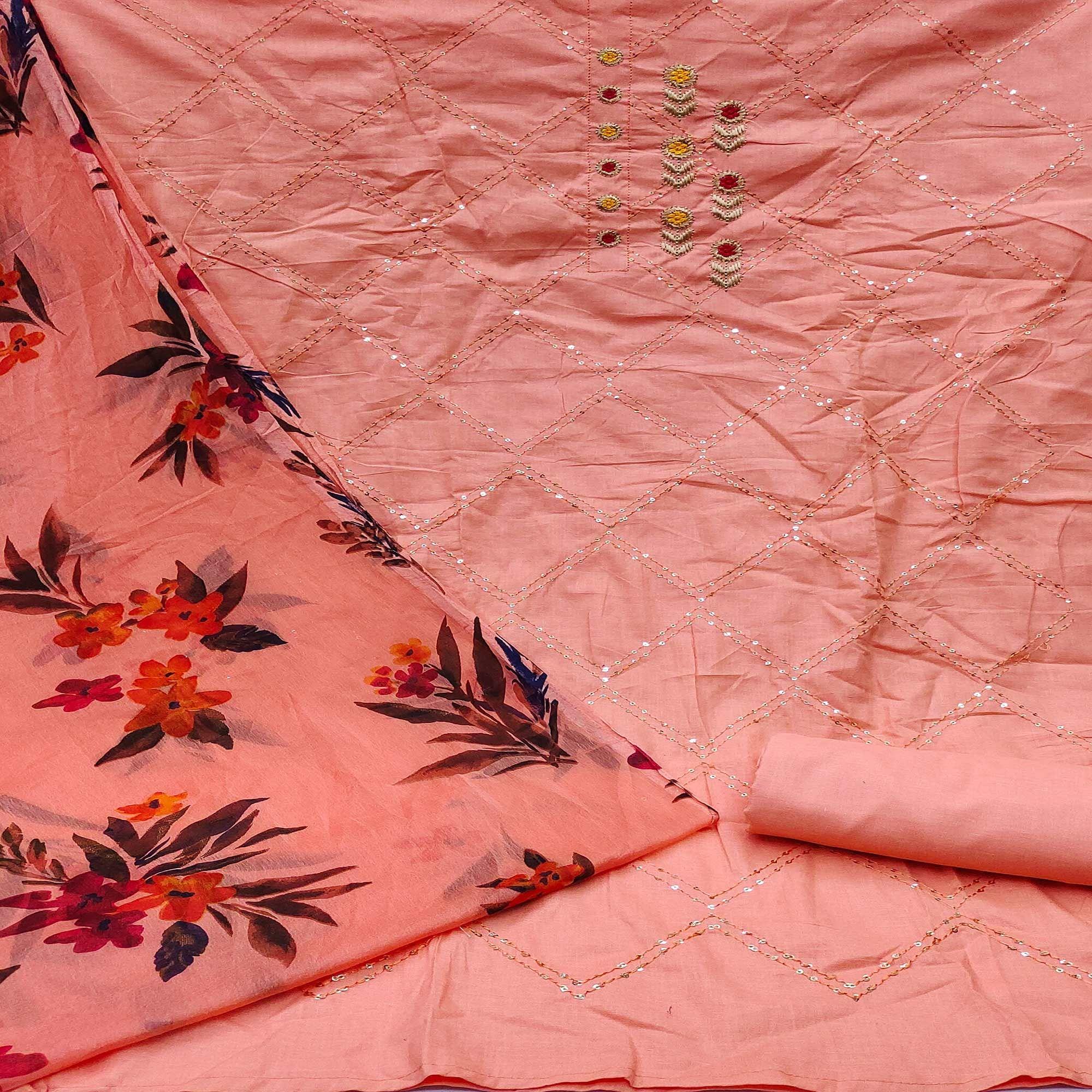 Peach Festive Wear Embellished With Embroidered Cotton Dress Material - Peachmode